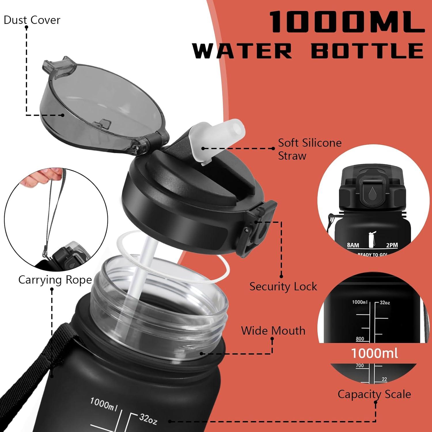 image:imageGourde Gourde 1l avec Paille Gourdes Sport anti Fuite Gourdes Gradue avec Slogan de Motivation Gourd Motivation Facile Nettoyer Bouteille deau pour Aptitude Camping RandonneNoirrouge