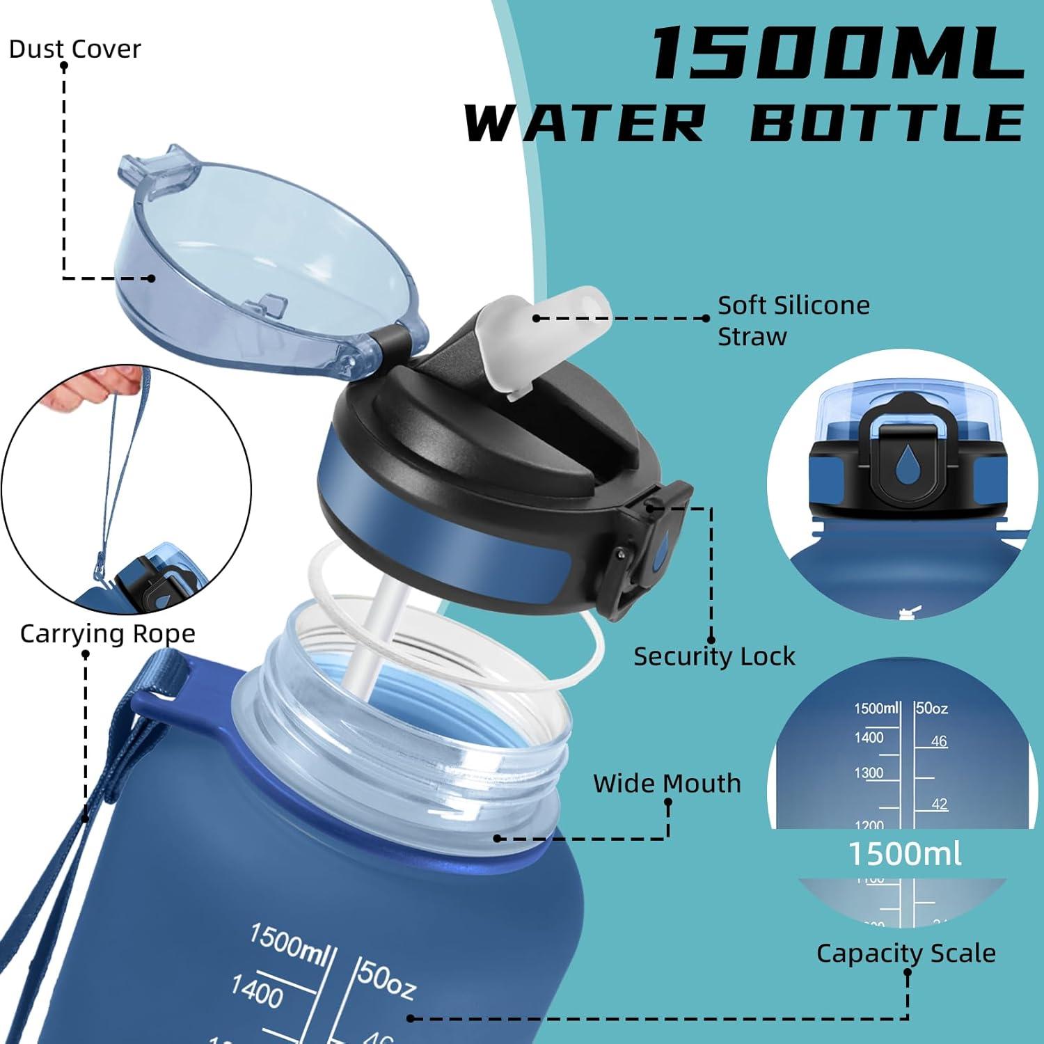 image:imageGourde Gourde 1l avec Paille Gourdes Sport anti Fuite Gourdes Gradue avec Slogan de Motivation Gourd Motivation Facile Nettoyer Bouteille deau pour Aptitude Camping RandonneBleuvert