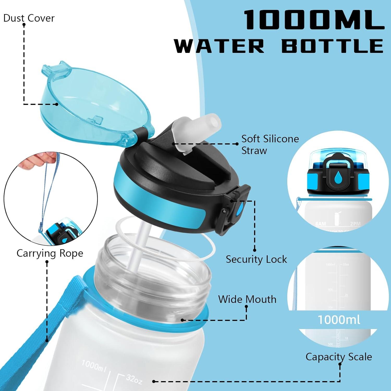 image:imageGourde Gourde 1l avec Paille Gourdes Sport anti Fuite Gourdes Gradue avec Slogan de Motivation Gourd Motivation Facile Nettoyer Bouteille deau pour Aptitude Camping RandonneBlancbleu