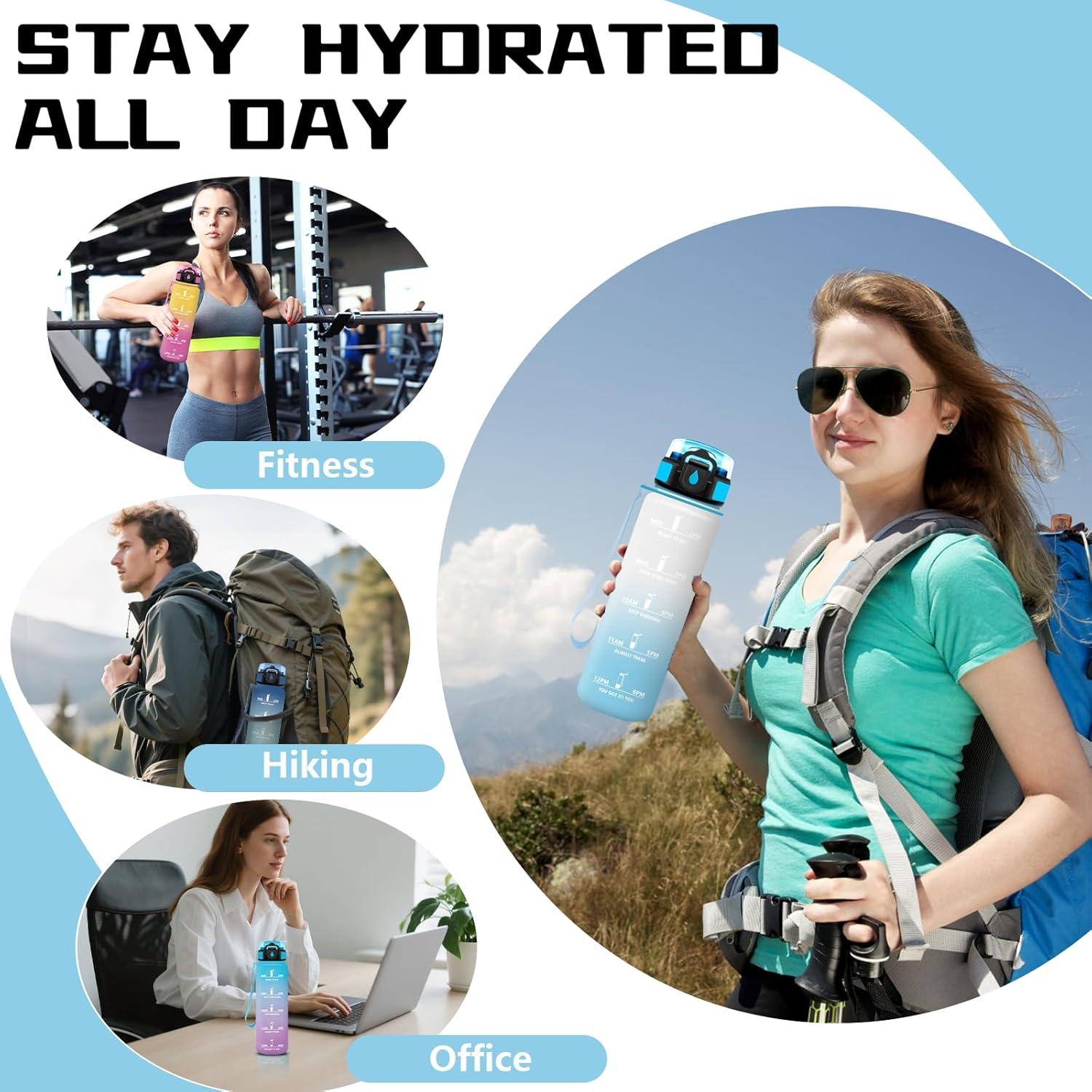 image:imageGourde Gourde 1l avec Paille Gourdes Sport anti Fuite Gourdes Gradue avec Slogan de Motivation Gourd Motivation Facile Nettoyer Bouteille deau pour Aptitude Camping RandonneBlancbleu