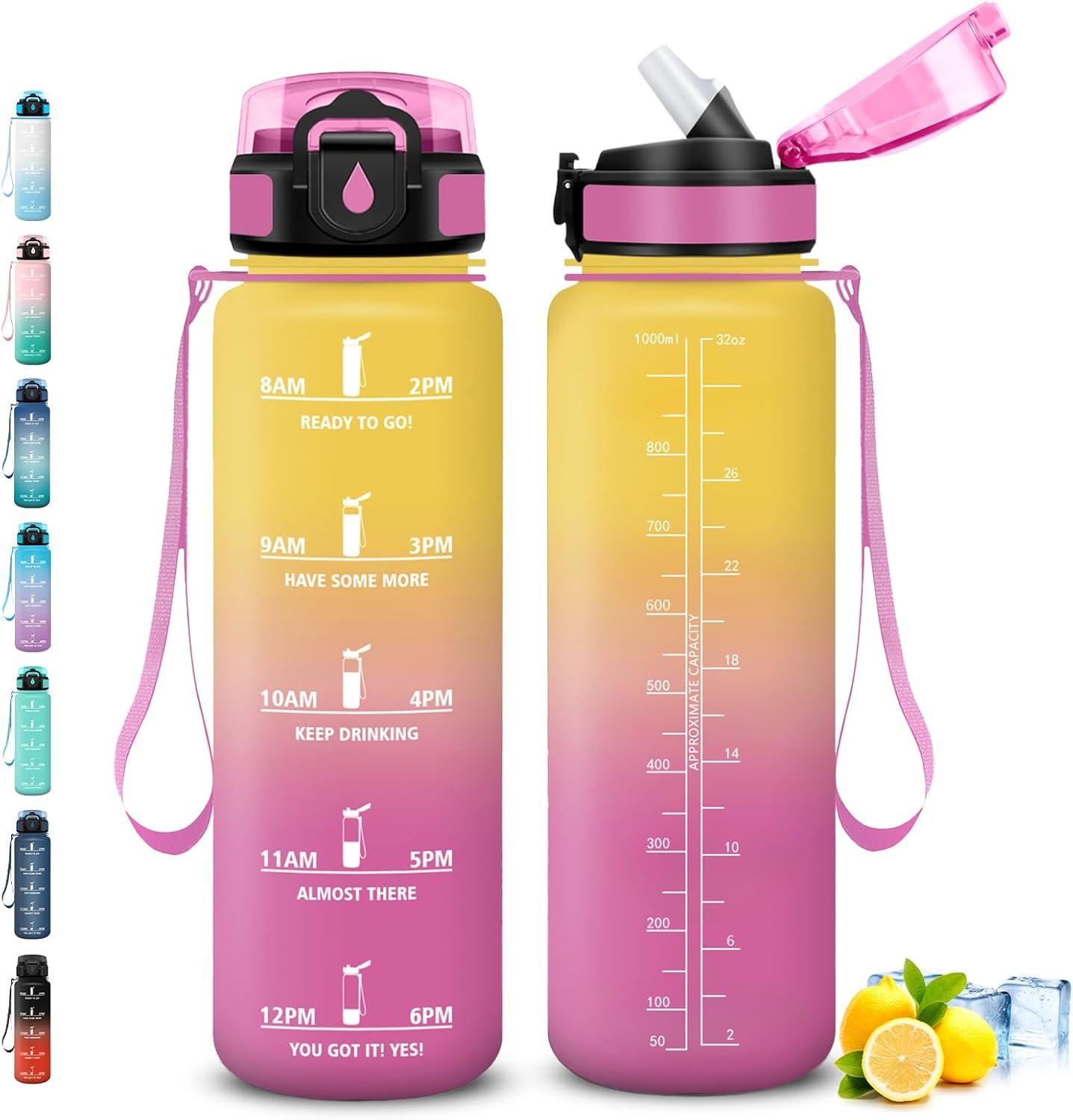 image:imageGourde Gourde 1l avec Paille Gourdes Sport anti Fuite Gourdes Gradue avec Slogan de Motivation Gourd Motivation Facile Nettoyer Bouteille deau pour Aptitude Camping RandonneJaunerose