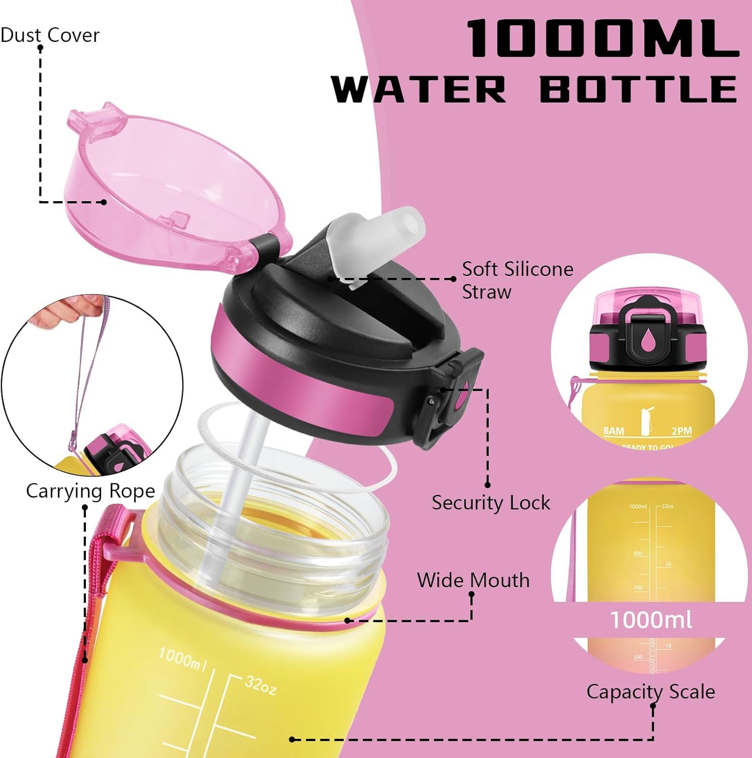 image:imageGourde Gourde 1l avec Paille Gourdes Sport anti Fuite Gourdes Gradue avec Slogan de Motivation Gourd Motivation Facile Nettoyer Bouteille deau pour Aptitude Camping RandonneJaunerose