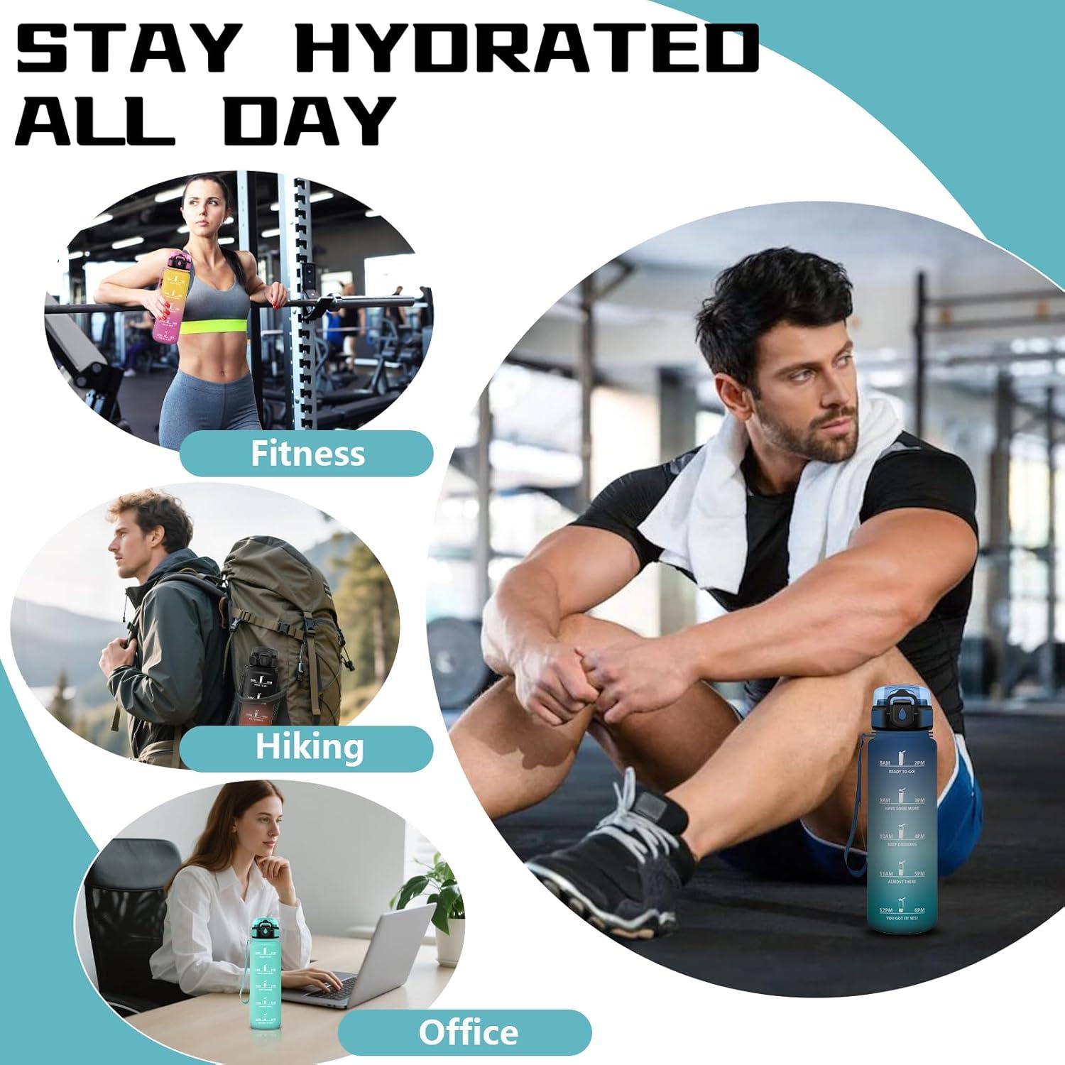 image:imageGourde Gourde 1l avec Paille Gourdes Sport anti Fuite Gourdes Gradue avec Slogan de Motivation Gourd Motivation Facile Nettoyer Bouteille deau pour Aptitude Camping RandonneBleuvert