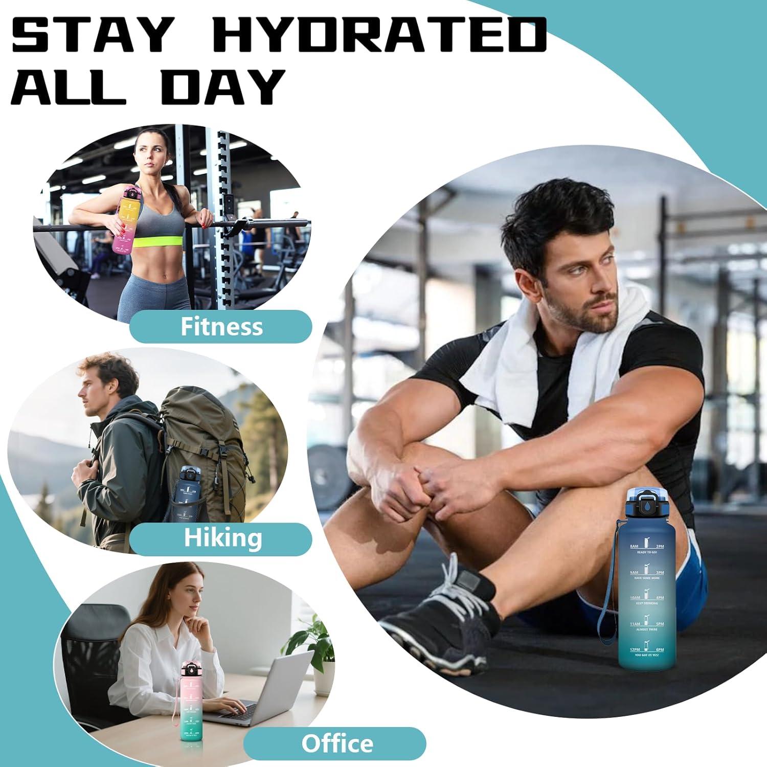 image:imageGourde Gourde 1l avec Paille Gourdes Sport anti Fuite Gourdes Gradue avec Slogan de Motivation Gourd Motivation Facile Nettoyer Bouteille deau pour Aptitude Camping RandonneBleuvert