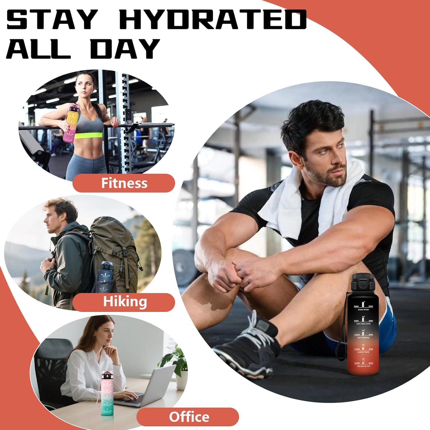 image:imageGourde Gourde 1l avec Paille Gourdes Sport anti Fuite Gourdes Gradue avec Slogan de Motivation Gourd Motivation Facile Nettoyer Bouteille deau pour Aptitude Camping RandonneNoirrouge