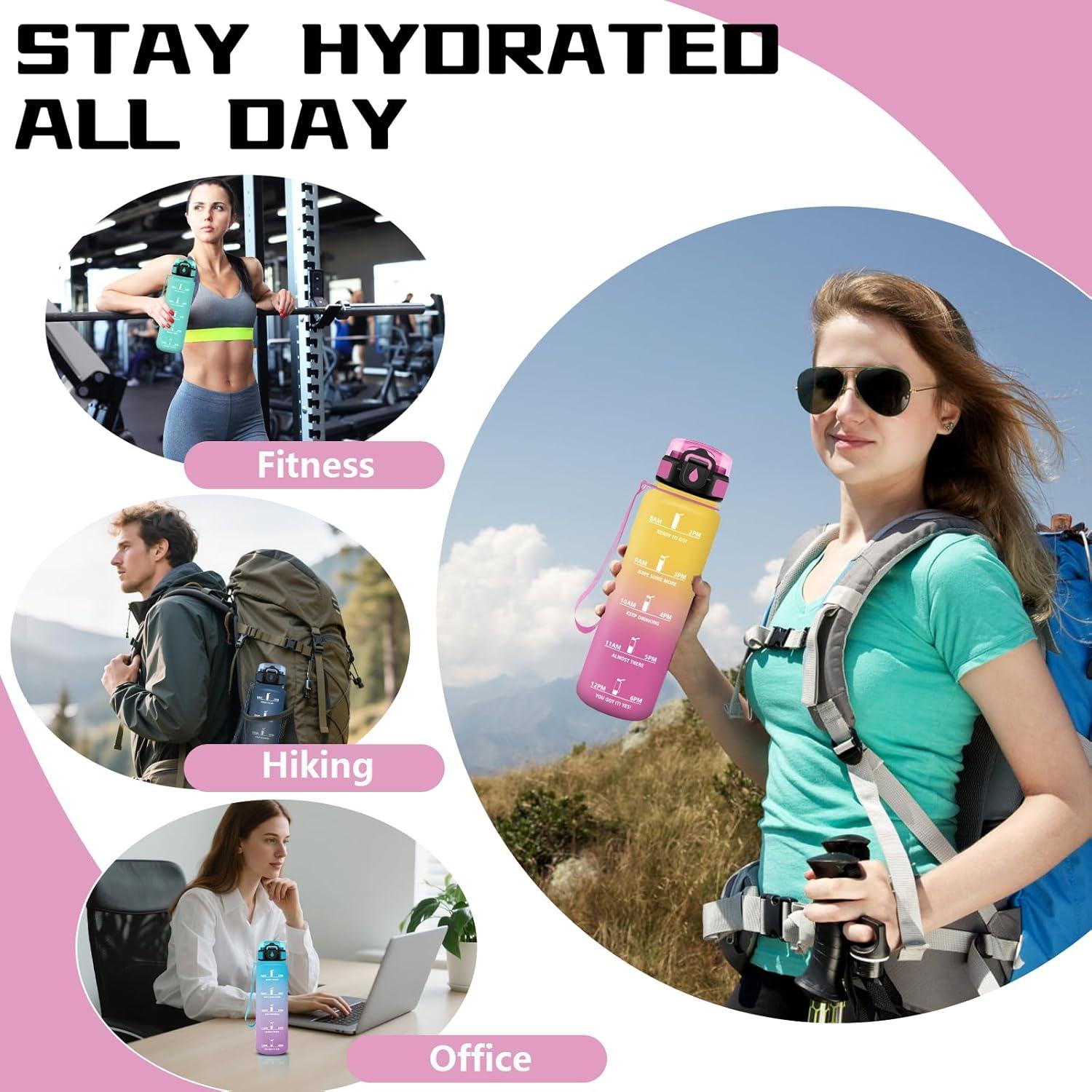 image:imageGourde Gourde 1l avec Paille Gourdes Sport anti Fuite Gourdes Gradue avec Slogan de Motivation Gourd Motivation Facile Nettoyer Bouteille deau pour Aptitude Camping RandonneJaunerose