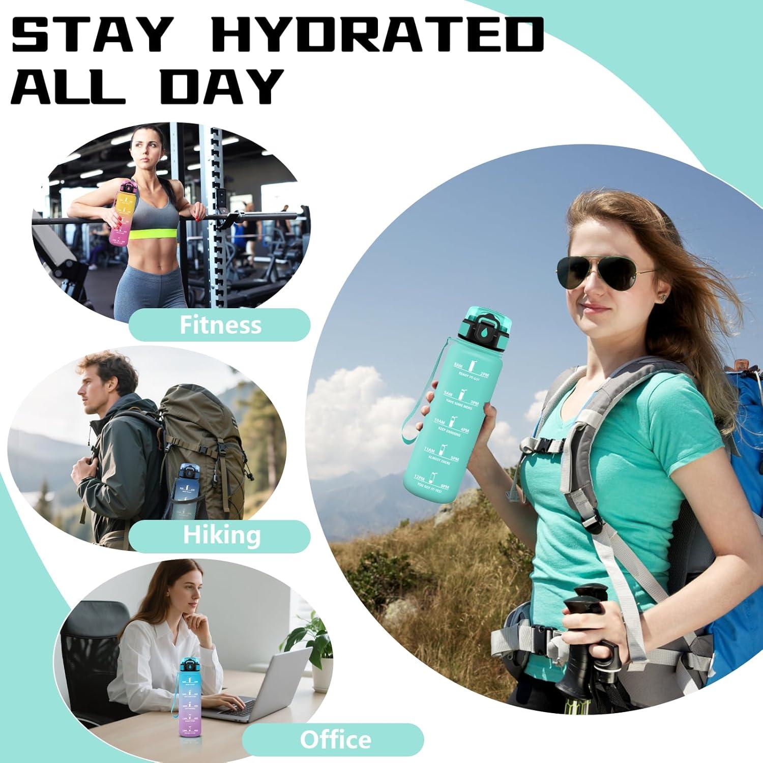 image:imageGourde Gourde 1l avec Paille Gourdes Sport anti Fuite Gourdes Gradue avec Slogan de Motivation Gourd Motivation Facile Nettoyer Bouteille deau pour Aptitude Camping RandonneVert