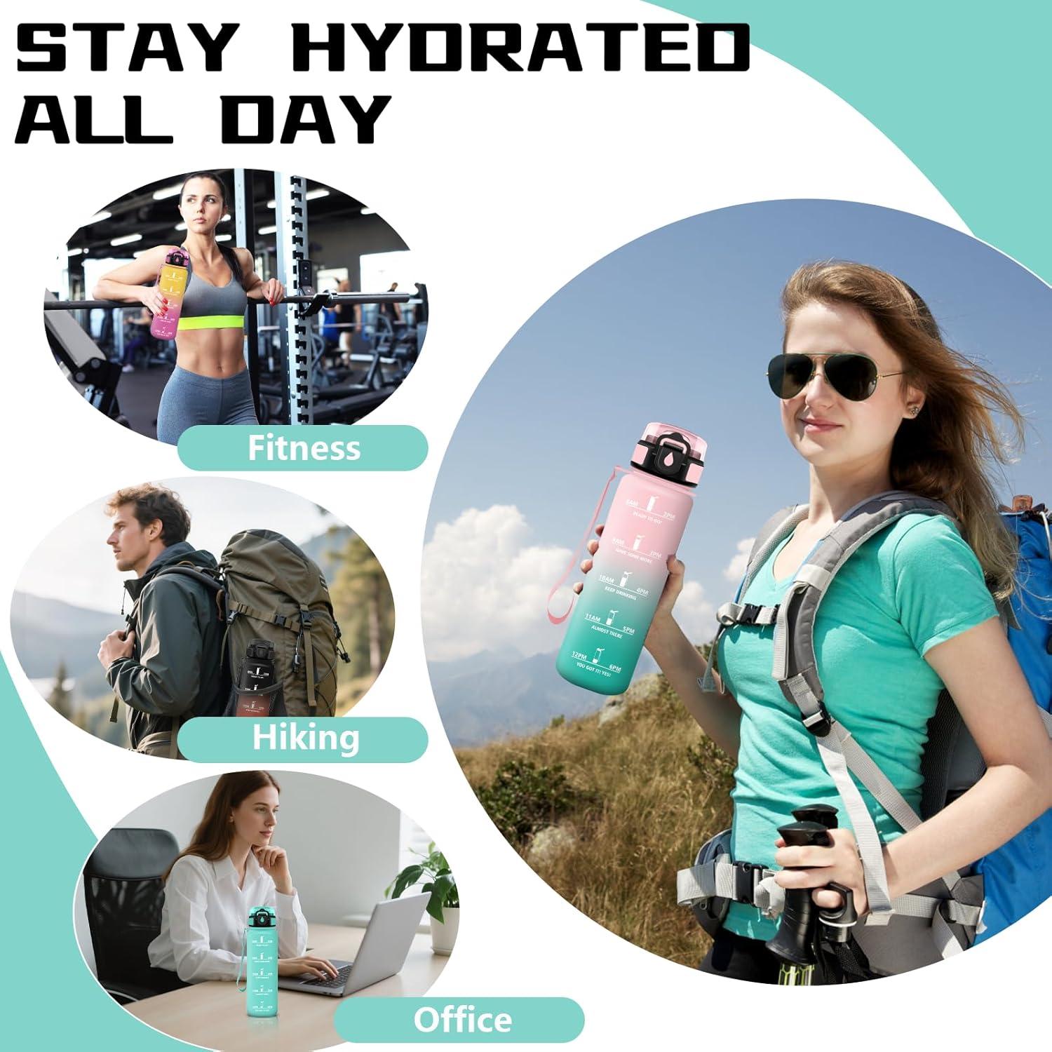 image:imageGourde Gourde 1l avec Paille Gourdes Sport anti Fuite Gourdes Gradue avec Slogan de Motivation Gourd Motivation Facile Nettoyer Bouteille deau pour Aptitude Camping RandonneRosevert