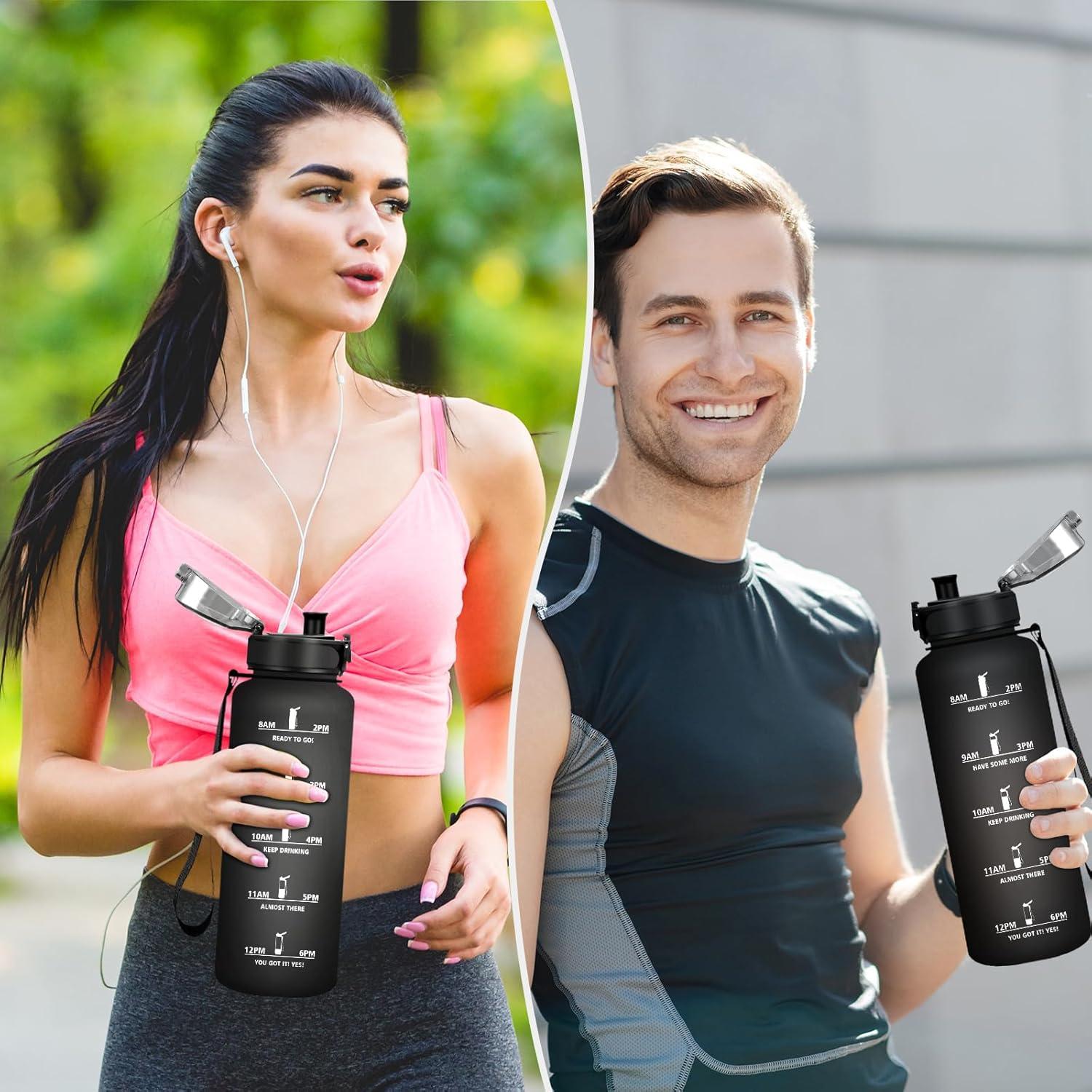 image:imageGourde Sport 1L Gourde Gym sans BPA tanche et Rutilisable Bouteille deau avec Marqueur de Temps et Filtre Gourdes pour Enfant Adulte Garon Fille lcole Camping Gym Sport Yoga50oz1500ml Mat Noir