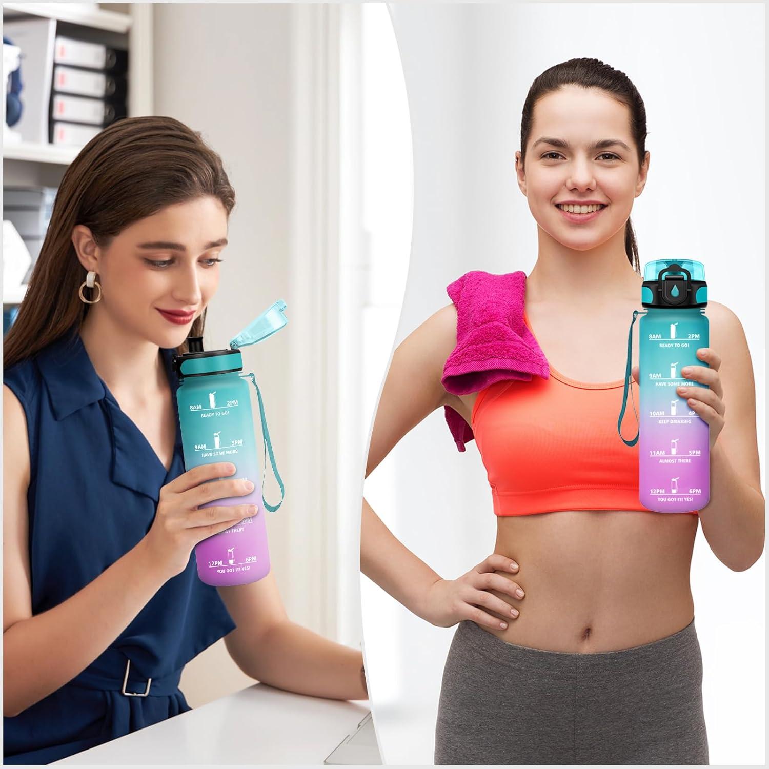 image:imageGourde Sport 1L Gourde Gym sans BPA tanche et Rutilisable Bouteille deau avec Marqueur de Temps et Filtre Gourdes pour Enfant Adulte Garon Fille lcole Camping Gym Sport Yoga32oz1000ml Vert Rose Clair