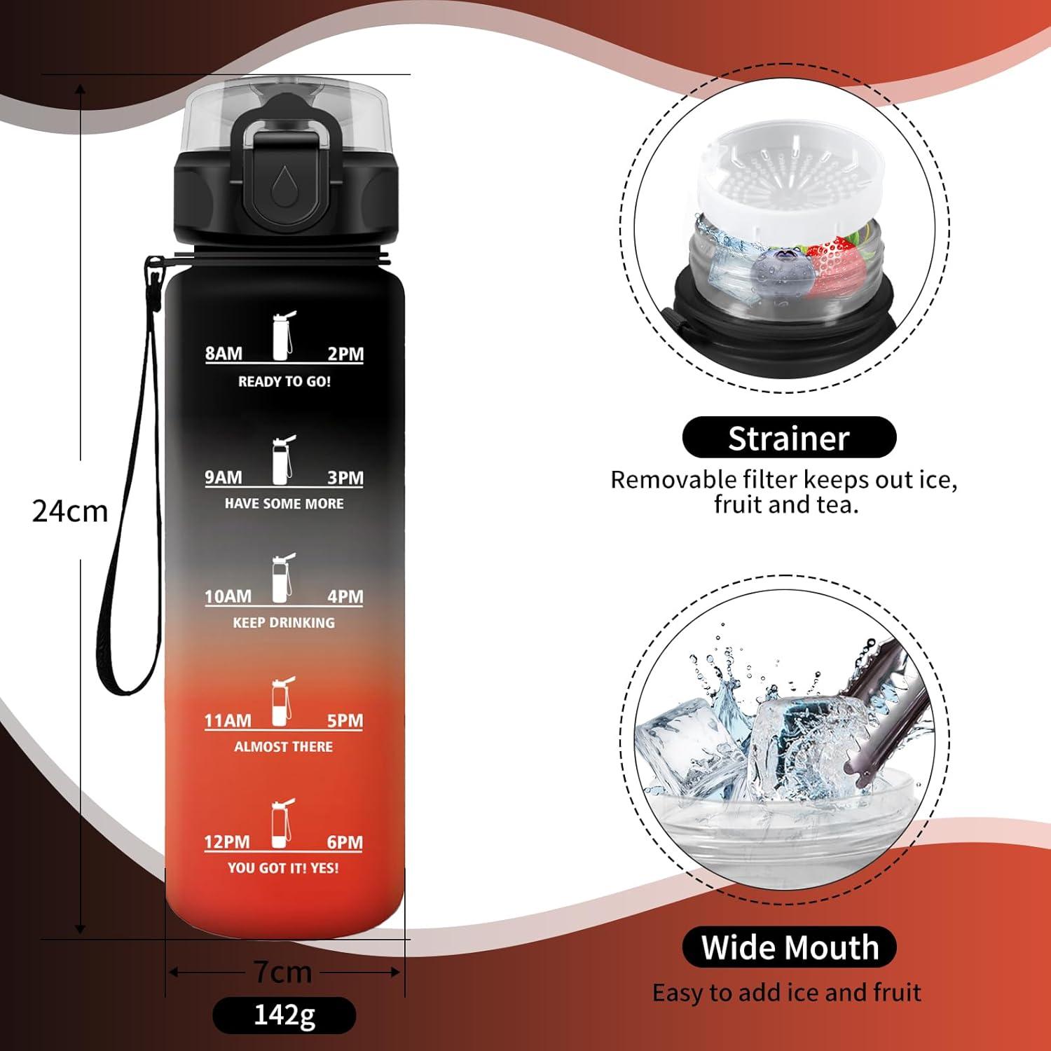 image:imageGourde Sport 1L Gourde Gym sans BPA tanche et Rutilisable Bouteille deau avec Marqueur de Temps et Filtre Gourdes pour Enfant Adulte Garon Fille lcole Camping Gym Sport Yoga17oz500ml Noir Rouge