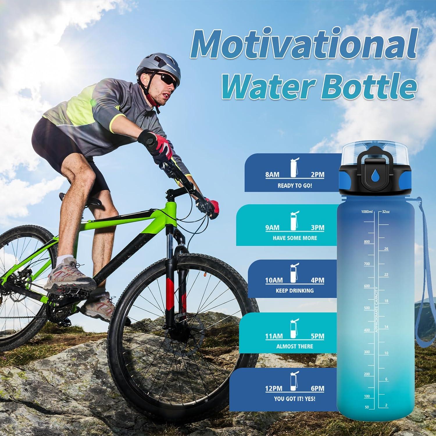 image:imageGourde Sport 1L Gourde Gym sans BPA tanche et Rutilisable Bouteille deau avec Marqueur de Temps et Filtre Gourdes pour Enfant Adulte Garon Fille lcole Camping Gym Sport Yoga32oz1000ml Bleu Vert