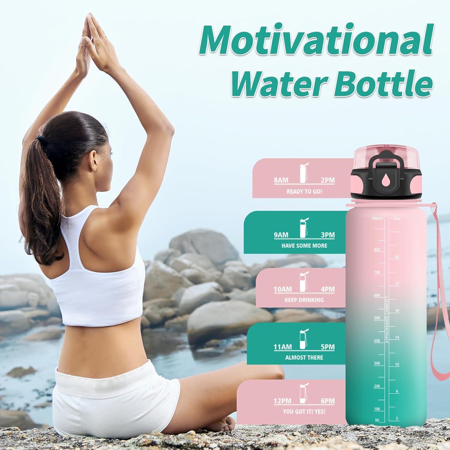 image:imageGourde Sport 1L Gourde Gym sans BPA tanche et Rutilisable Bouteille deau avec Marqueur de Temps et Filtre Gourdes pour Enfant Adulte Garon Fille lcole Camping Gym Sport Yoga32oz1000ml Rose Cyan