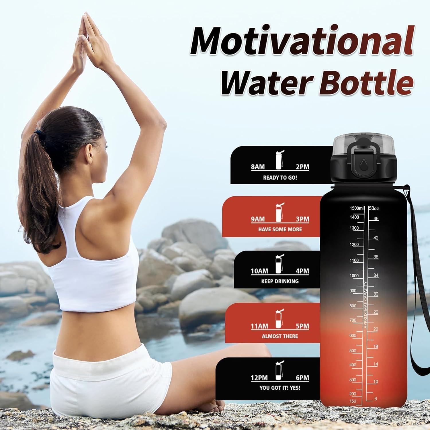 image:imageGourde Sport 1L Gourde Gym sans BPA tanche et Rutilisable Bouteille deau avec Marqueur de Temps et Filtre Gourdes pour Enfant Adulte Garon Fille lcole Camping Gym Sport Yoga50oz1500ml Noir Rouge