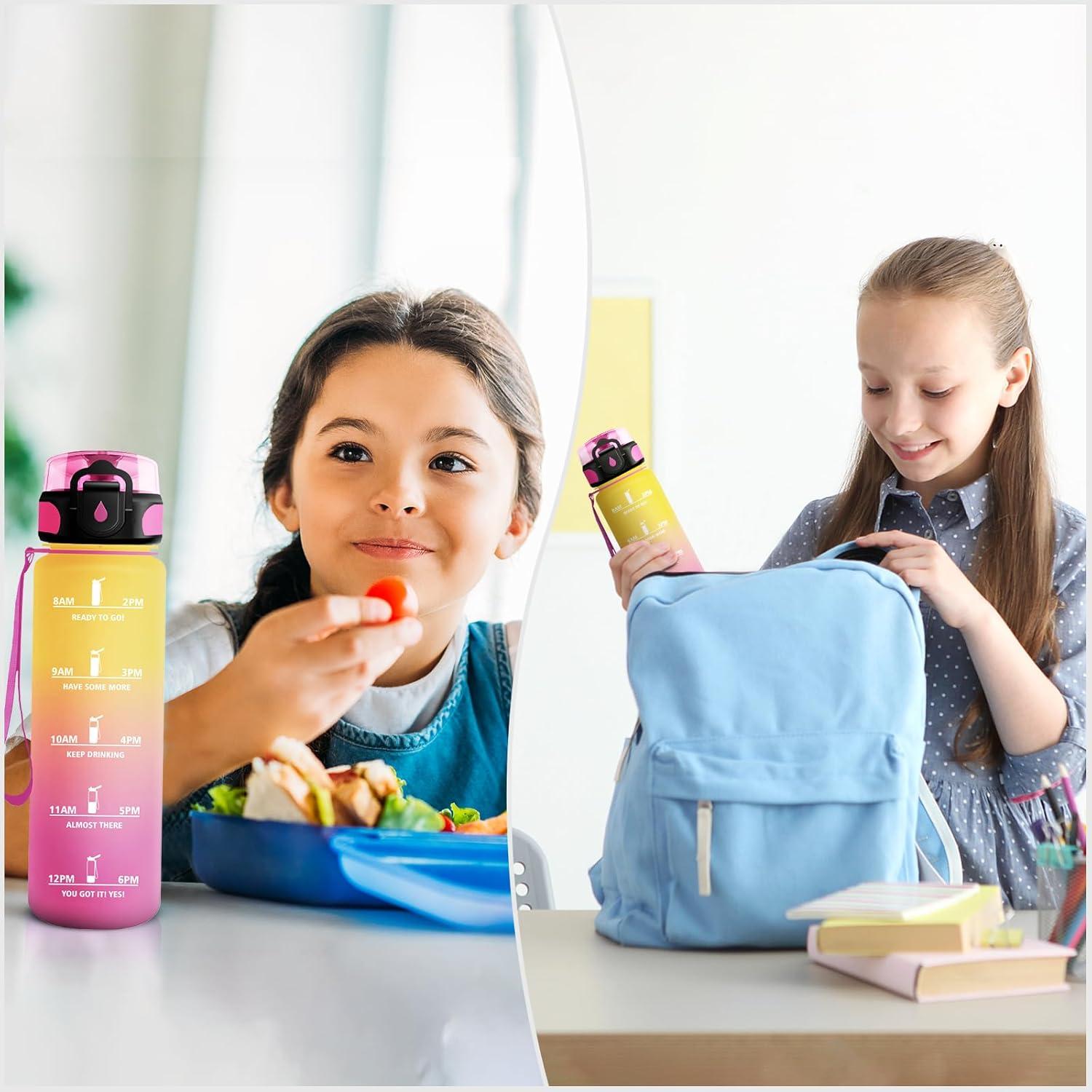 image:imageGourde Sport 1L Gourde Gym sans BPA tanche et Rutilisable Bouteille deau avec Marqueur de Temps et Filtre Gourdes pour Enfant Adulte Garon Fille lcole Camping Gym Sport Yoga17oz500ml Jaune Rose