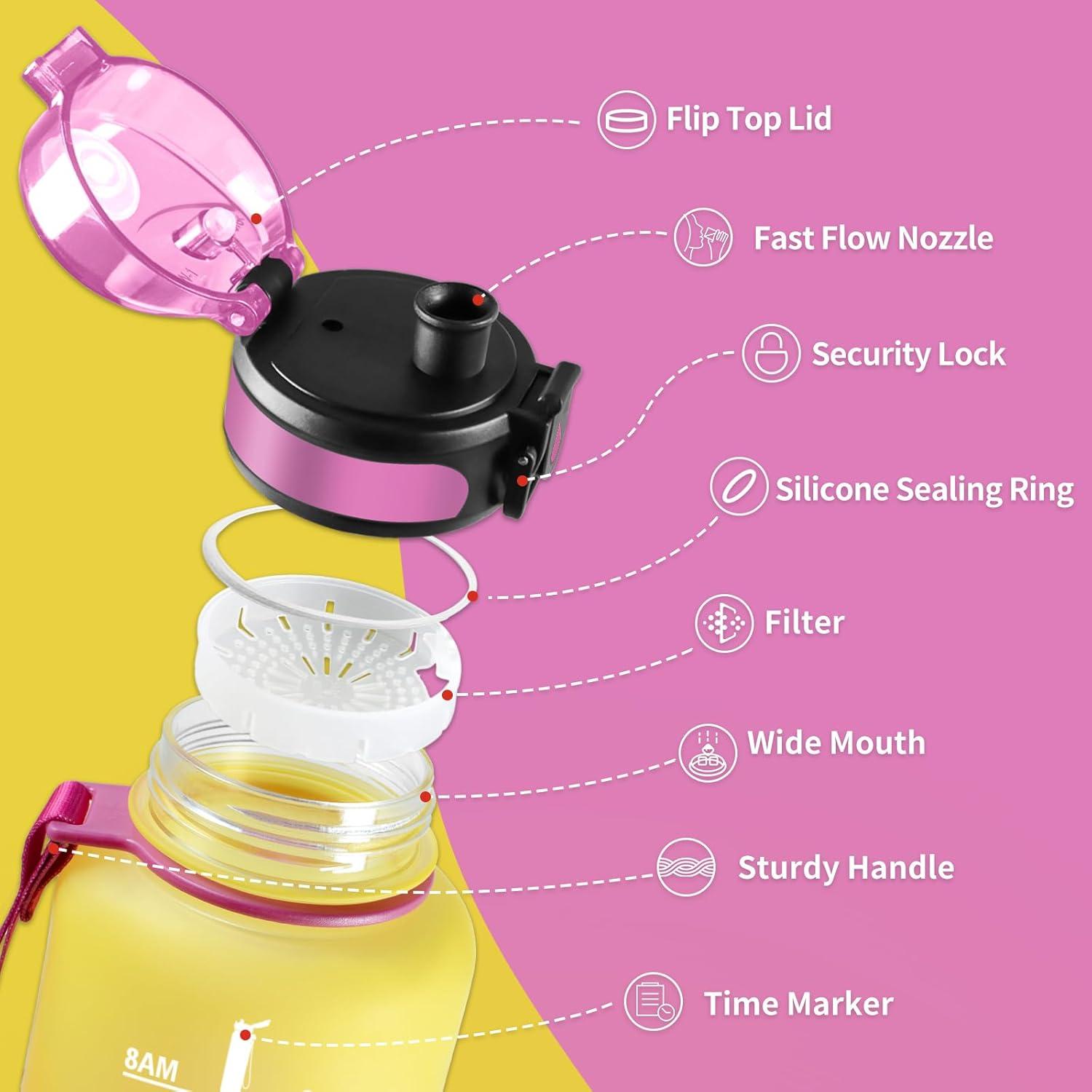 image:imageGourde Sport 1L Gourde Gym sans BPA tanche et Rutilisable Bouteille deau avec Marqueur de Temps et Filtre Gourdes pour Enfant Adulte Garon Fille lcole Camping Gym Sport Yoga50oz1500ml Jaune Rose