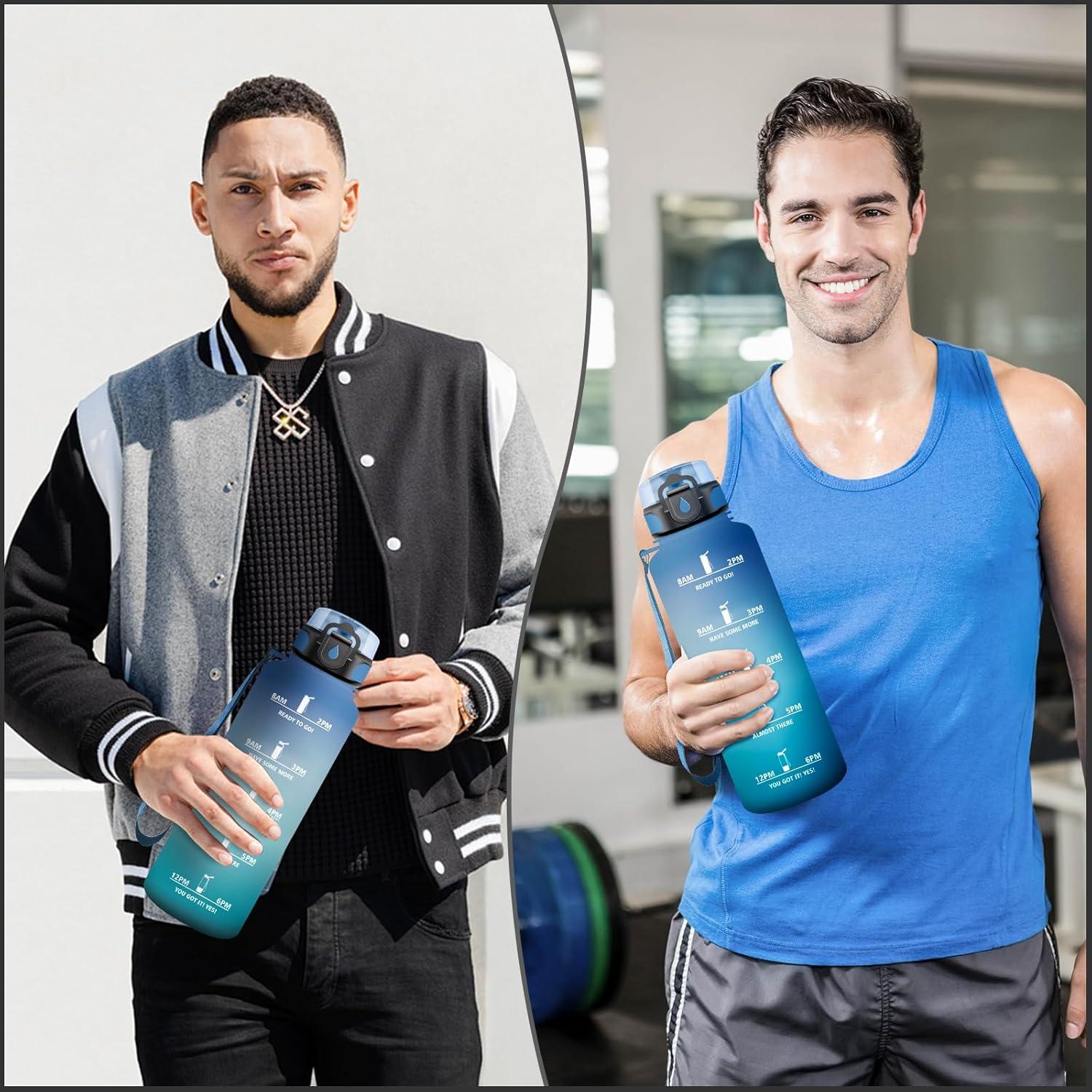 image:imageGourde Sport 1L Gourde Gym sans BPA tanche et Rutilisable Bouteille deau avec Marqueur de Temps et Filtre Gourdes pour Enfant Adulte Garon Fille lcole Camping Gym Sport Yoga50oz1500ml Bleu Vert
