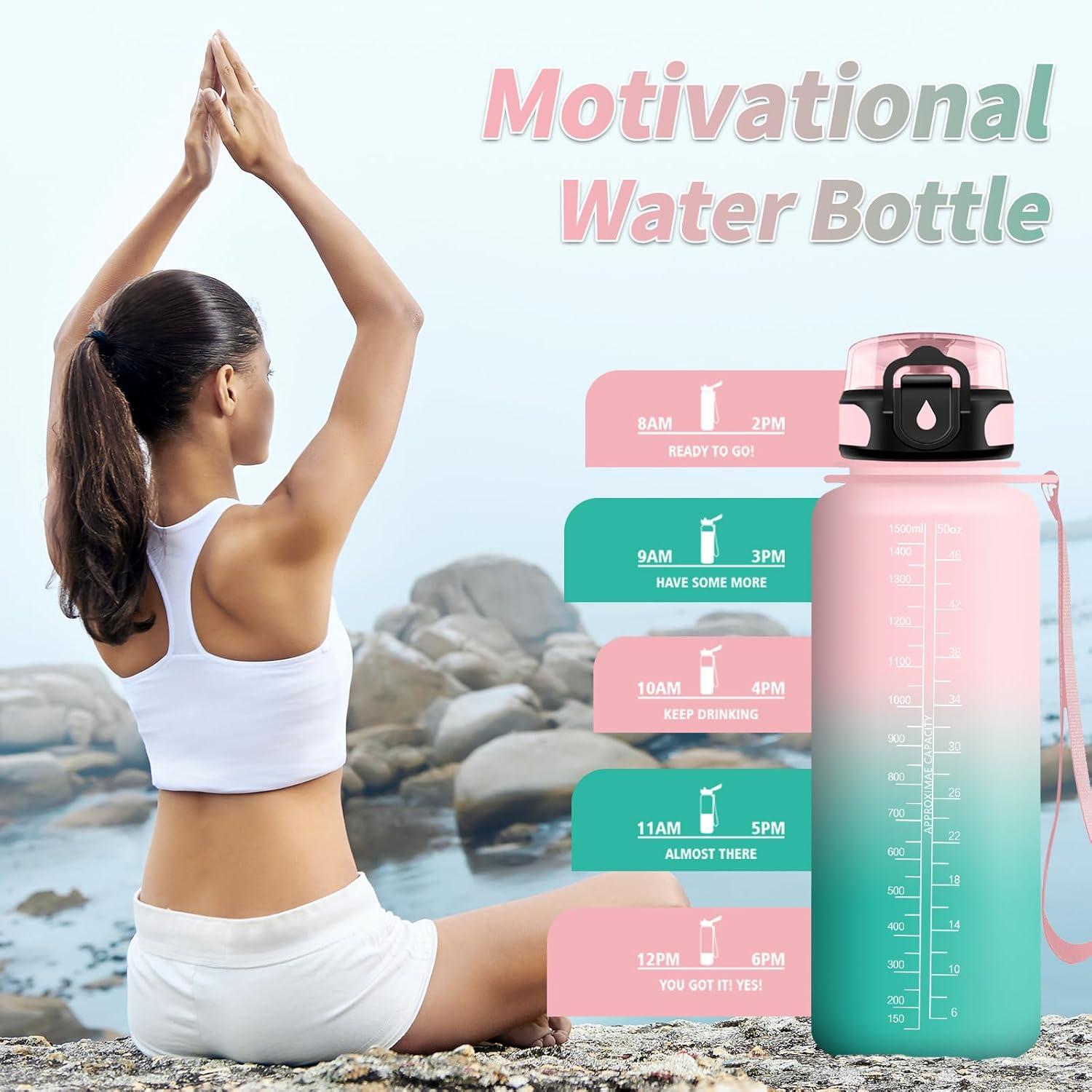 image:imageGourde Sport 1L Gourde Gym sans BPA tanche et Rutilisable Bouteille deau avec Marqueur de Temps et Filtre Gourdes pour Enfant Adulte Garon Fille lcole Camping Gym Sport Yoga50oz1500ml Rose Cyan