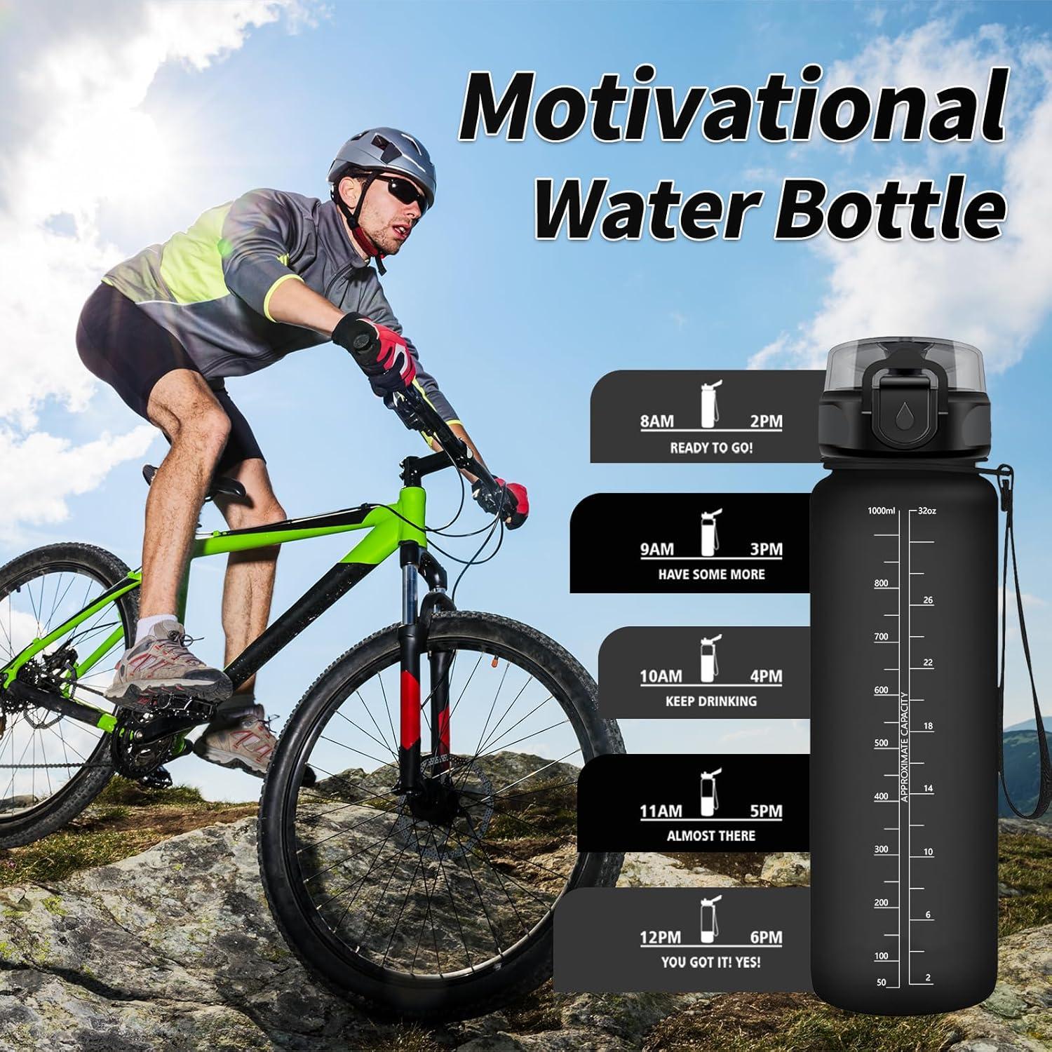 image:imageGourde Sport 1L Gourde Gym sans BPA tanche et Rutilisable Bouteille deau avec Marqueur de Temps et Filtre Gourdes pour Enfant Adulte Garon Fille lcole Camping Gym Sport Yoga32oz1000ml Mat Noir