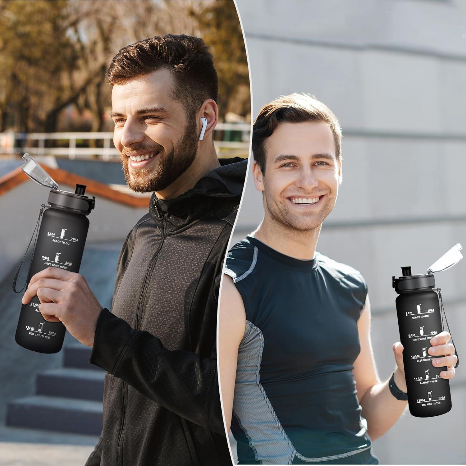 image:imageGourde Sport 1L Gourde Gym sans BPA tanche et Rutilisable Bouteille deau avec Marqueur de Temps et Filtre Gourdes pour Enfant Adulte Garon Fille lcole Camping Gym Sport Yoga32oz1000ml Mat Noir