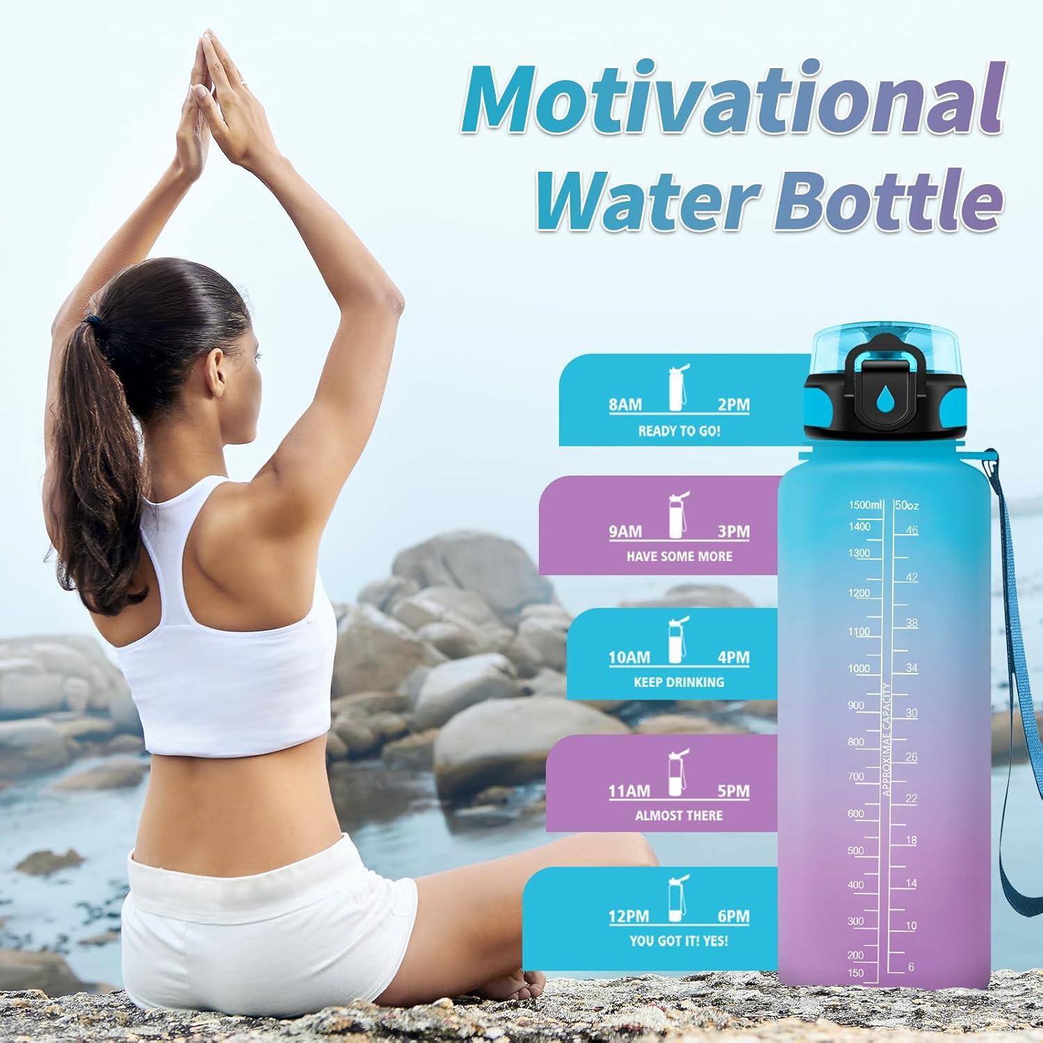 image:imageGourde Sport 1L Gourde Gym sans BPA tanche et Rutilisable Bouteille deau avec Marqueur de Temps et Filtre Gourdes pour Enfant Adulte Garon Fille lcole Camping Gym Sport Yoga50oz1500ml Bleu Lilas