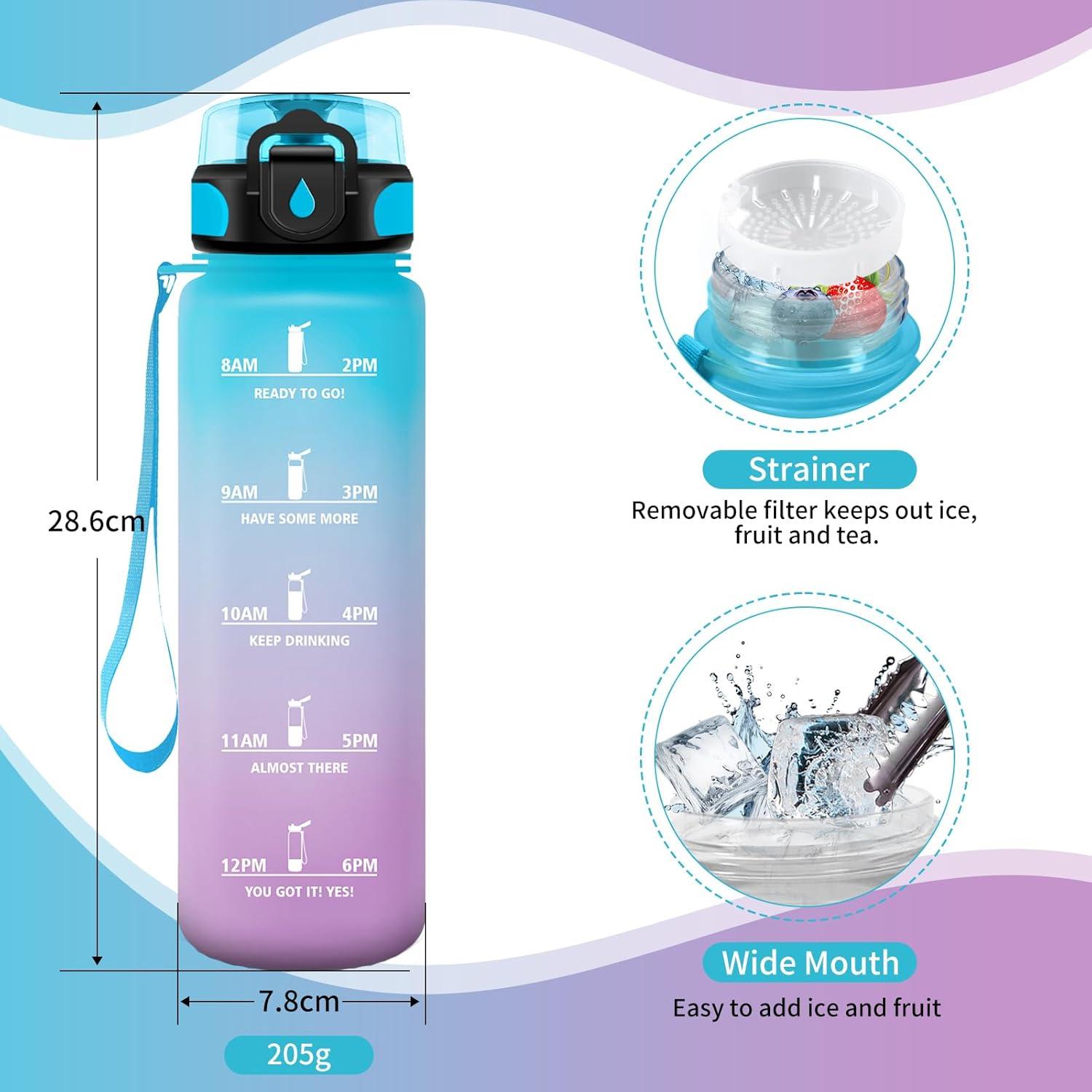 image:imageGourde Sport 1L Gourde Gym sans BPA tanche et Rutilisable Bouteille deau avec Marqueur de Temps et Filtre Gourdes pour Enfant Adulte Garon Fille lcole Camping Gym Sport Yoga32oz1000ml Bleu Lilas