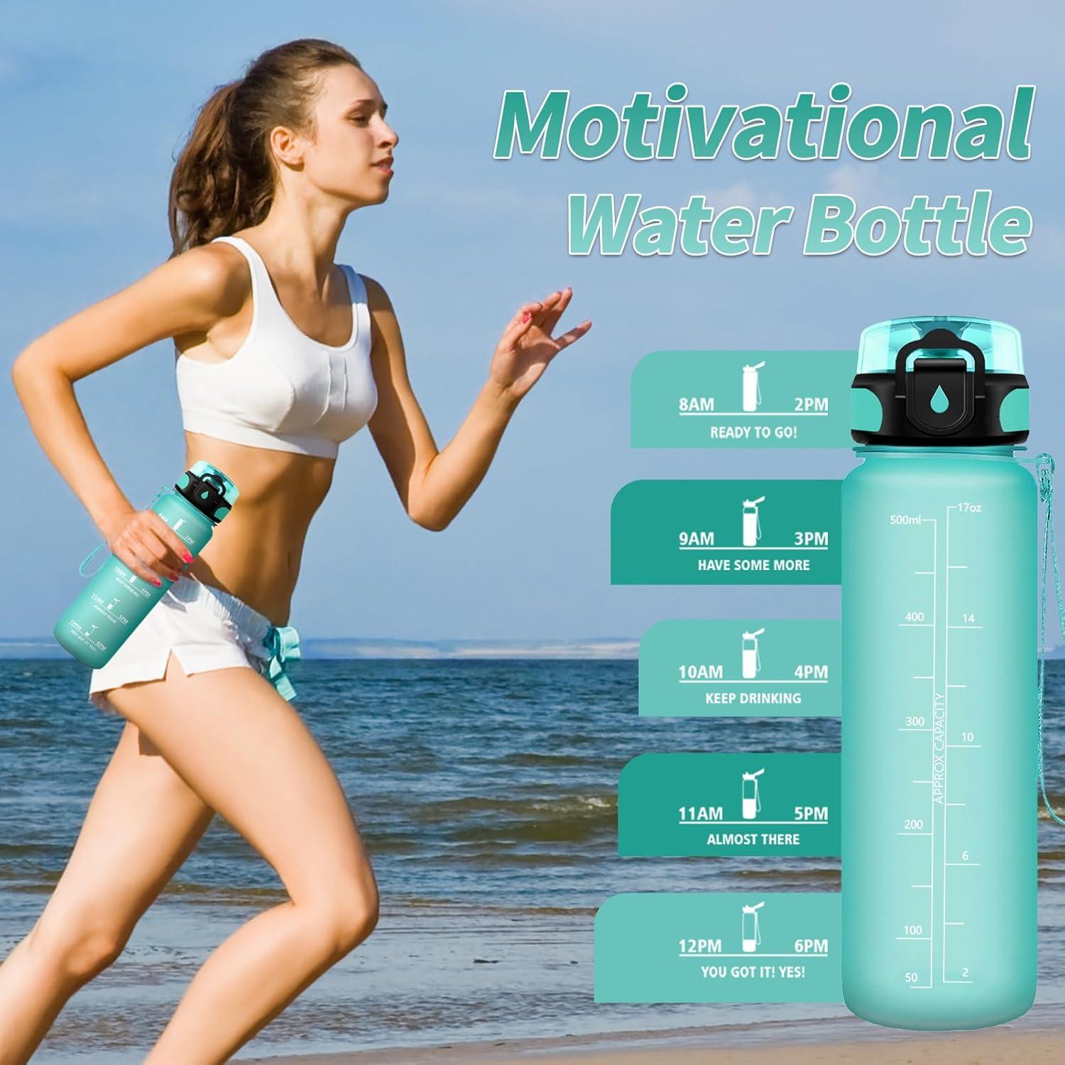 image:imageGourde Sport 1L Gourde Gym sans BPA tanche et Rutilisable Bouteille deau avec Marqueur de Temps et Filtre Gourdes pour Enfant Adulte Garon Fille lcole Camping Gym Sport Yoga17oz500ml Mat Bleuvert