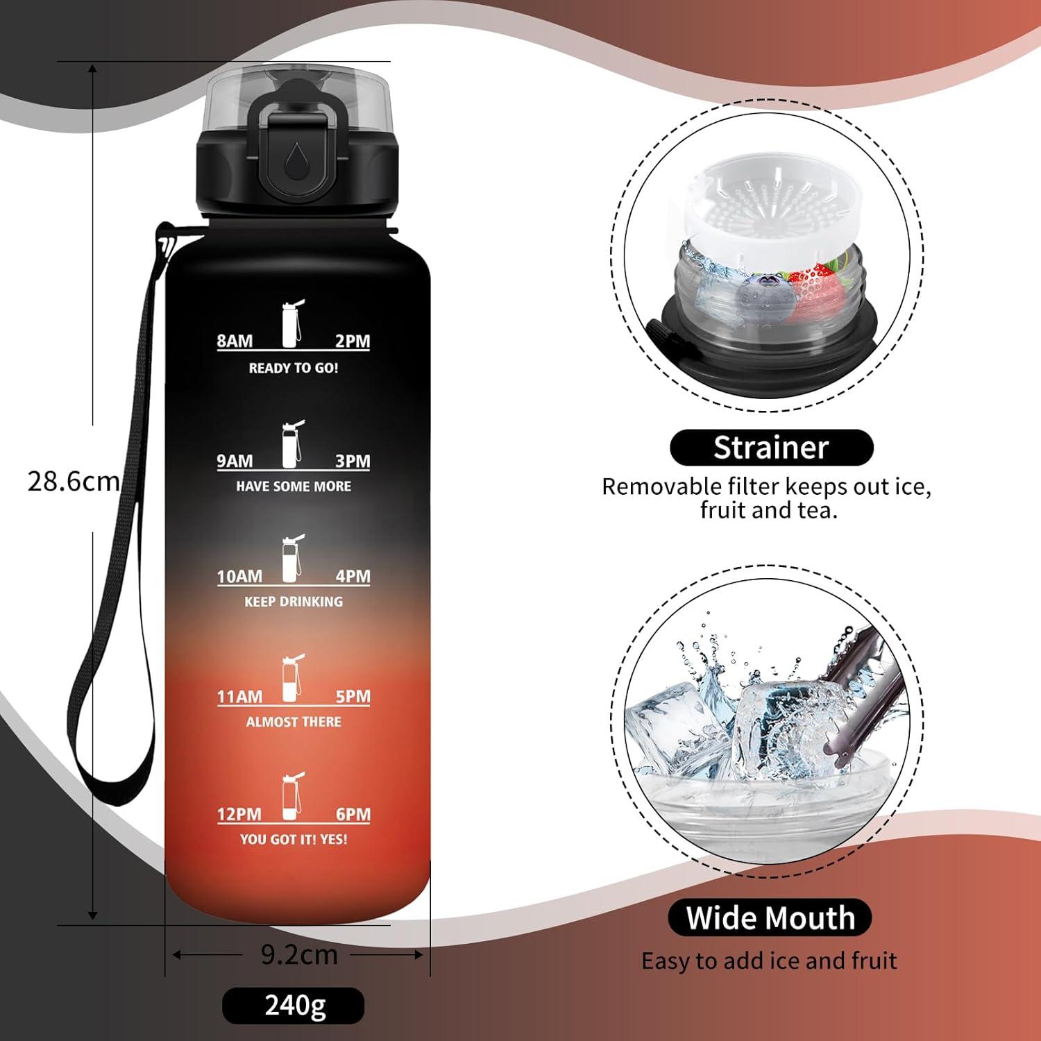image:imageGourde Sport 1L Gourde Gym sans BPA tanche et Rutilisable Bouteille deau avec Marqueur de Temps et Filtre Gourdes pour Enfant Adulte Garon Fille lcole Camping Gym Sport Yoga50oz1500ml Noir Rouge