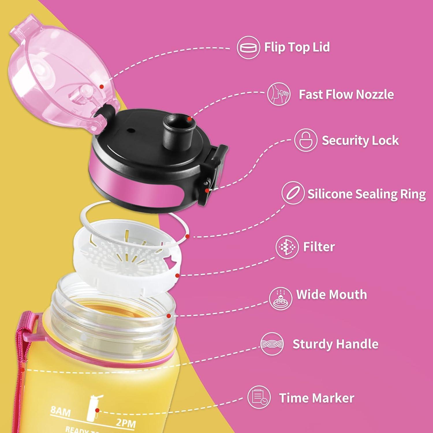 image:imageGourde Sport 1L Gourde Gym sans BPA tanche et Rutilisable Bouteille deau avec Marqueur de Temps et Filtre Gourdes pour Enfant Adulte Garon Fille lcole Camping Gym Sport Yoga17oz500ml Jaune Rose