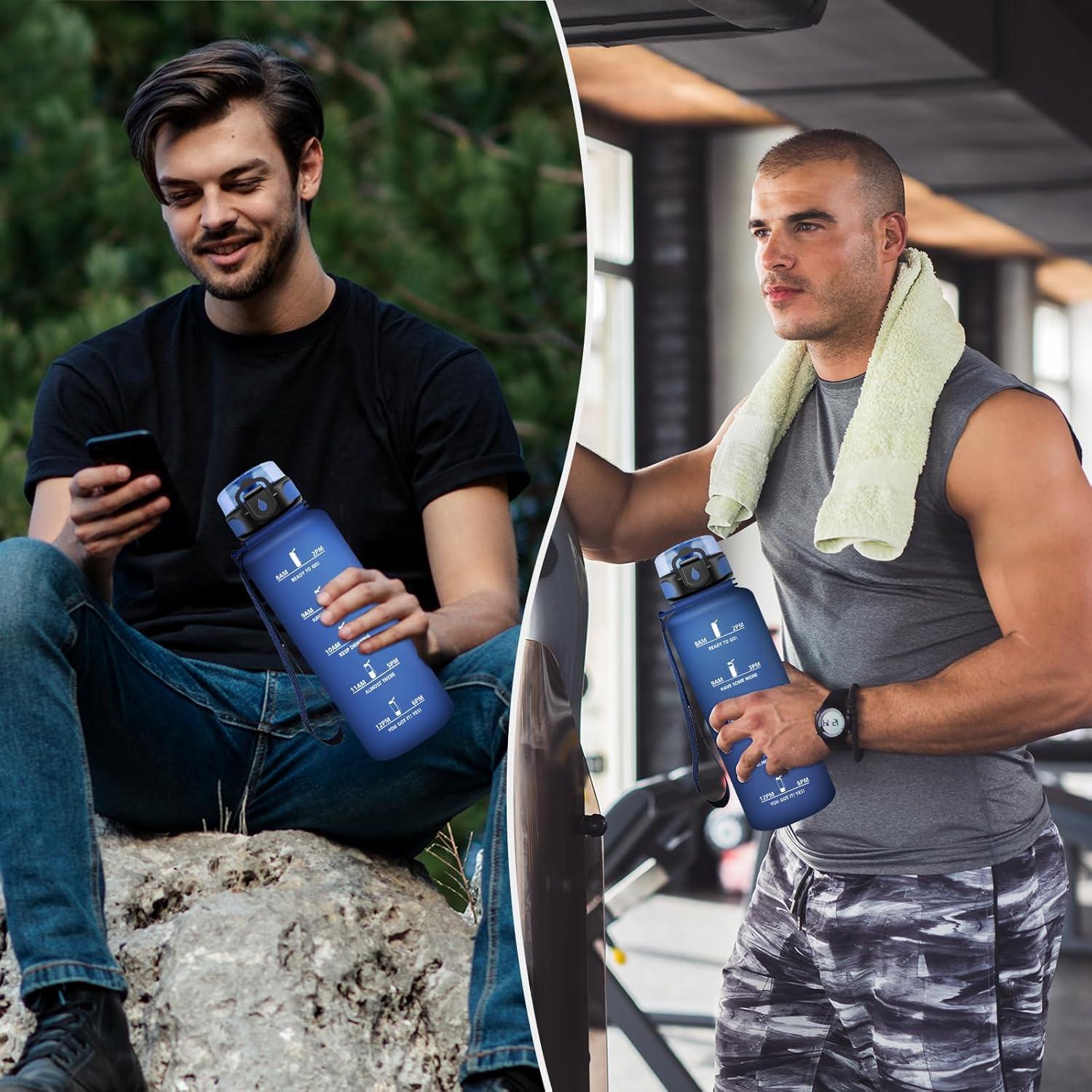 image:imageGourde Sport 1L Gourde Gym sans BPA tanche et Rutilisable Bouteille deau avec Marqueur de Temps et Filtre Gourdes pour Enfant Adulte Garon Fille lcole Camping Gym Sport Yoga50oz1500ml Mat Marine Bleu