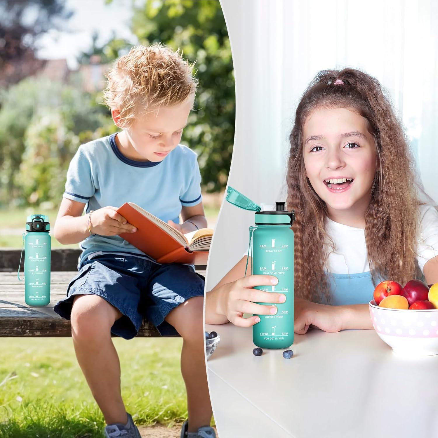 image:imageGourde Sport 1L Gourde Gym sans BPA tanche et Rutilisable Bouteille deau avec Marqueur de Temps et Filtre Gourdes pour Enfant Adulte Garon Fille lcole Camping Gym Sport Yoga17oz500ml Mat Bleuvert