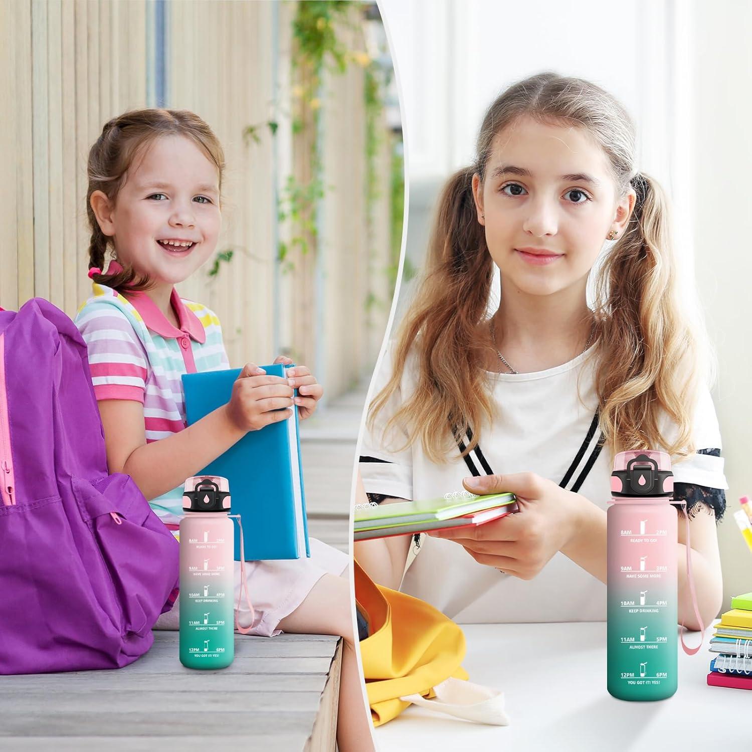 image:imageGourde Sport 1L Gourde Gym sans BPA tanche et Rutilisable Bouteille deau avec Marqueur de Temps et Filtre Gourdes pour Enfant Adulte Garon Fille lcole Camping Gym Sport Yoga17oz500ml Rose Cyan