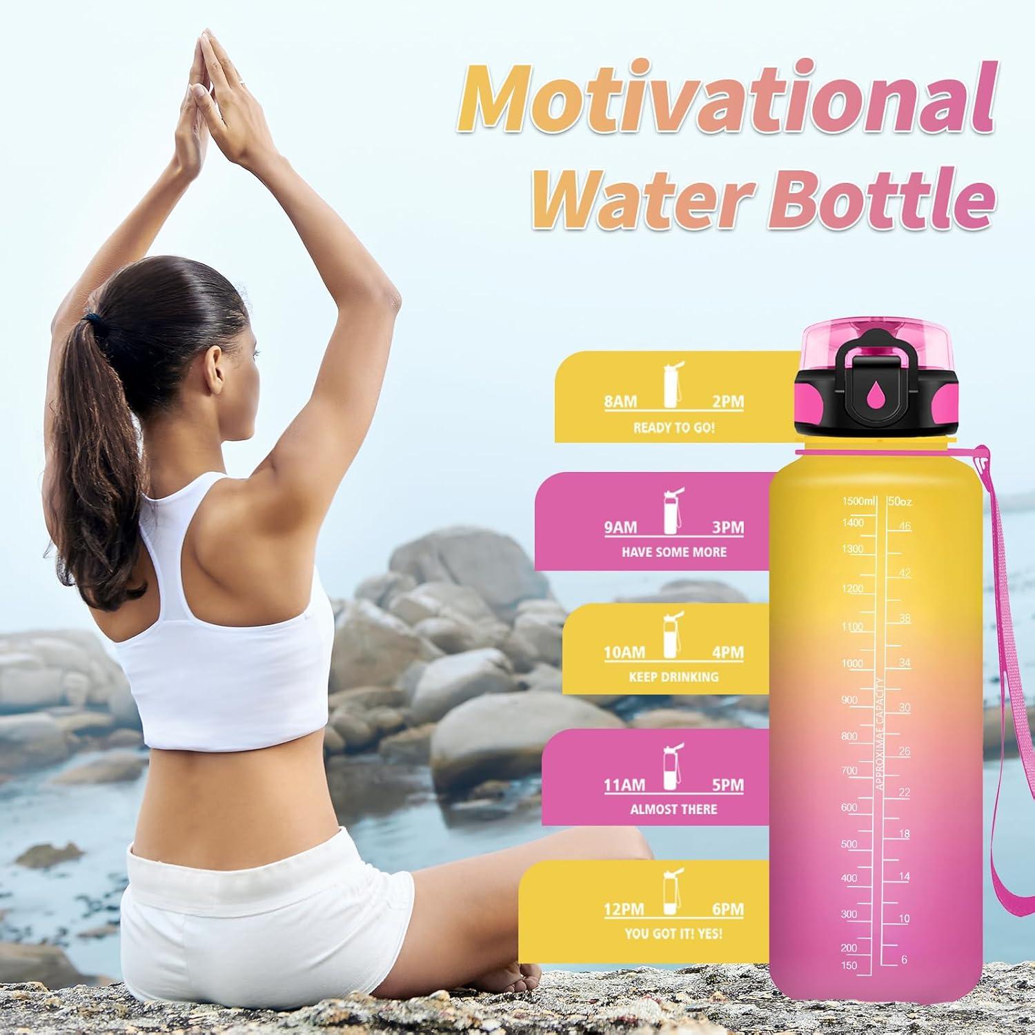 image:imageGourde Sport 1L Gourde Gym sans BPA tanche et Rutilisable Bouteille deau avec Marqueur de Temps et Filtre Gourdes pour Enfant Adulte Garon Fille lcole Camping Gym Sport Yoga50oz1500ml Jaune Rose