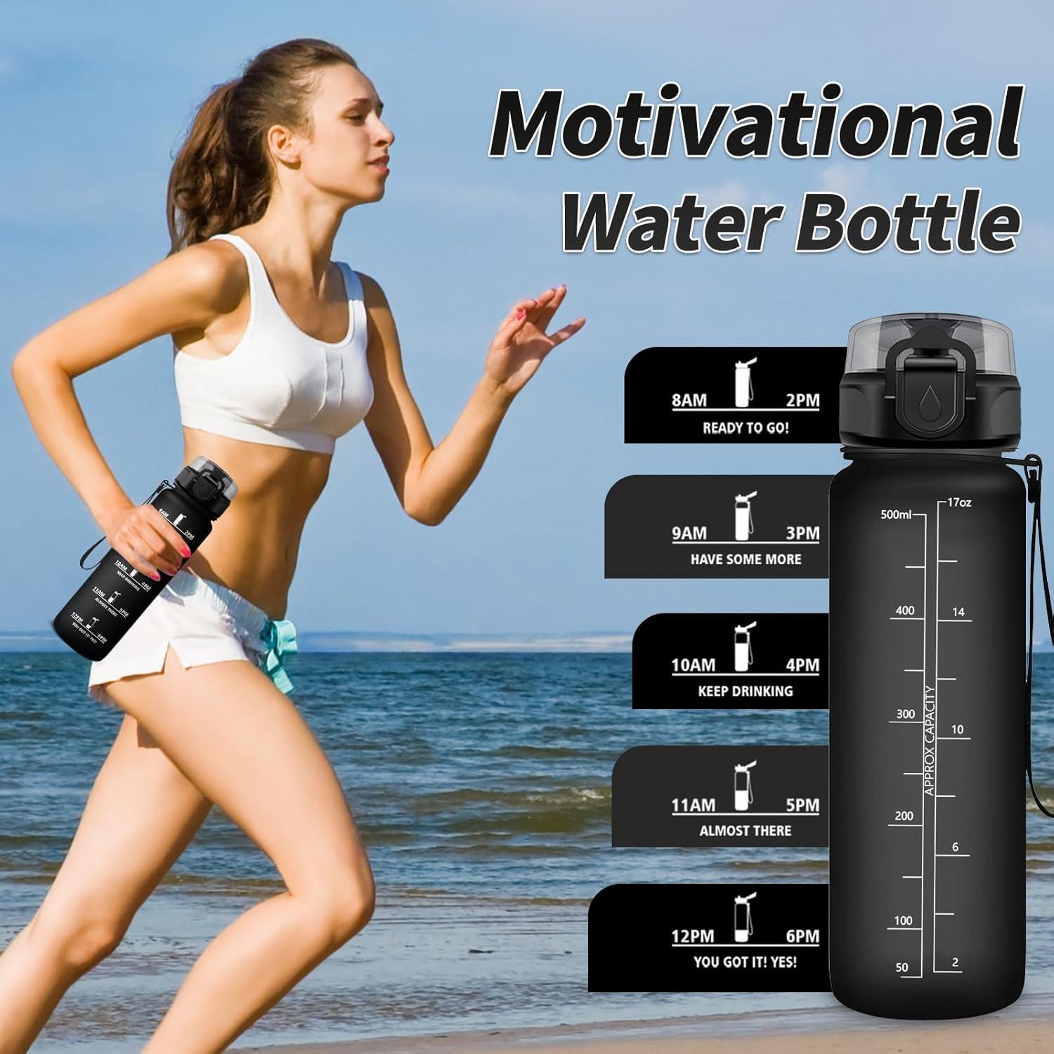 image:imageGourde Sport 1L Gourde Gym sans BPA tanche et Rutilisable Bouteille deau avec Marqueur de Temps et Filtre Gourdes pour Enfant Adulte Garon Fille lcole Camping Gym Sport Yoga17oz500ml Mat Noir