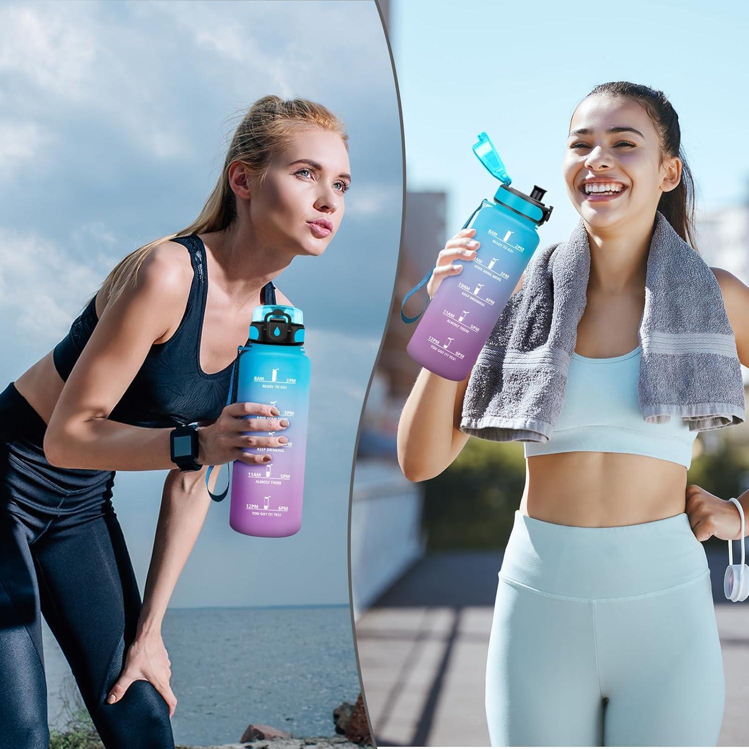 image:imageGourde Sport 1L Gourde Gym sans BPA tanche et Rutilisable Bouteille deau avec Marqueur de Temps et Filtre Gourdes pour Enfant Adulte Garon Fille lcole Camping Gym Sport Yoga50oz1500ml Bleu Lilas