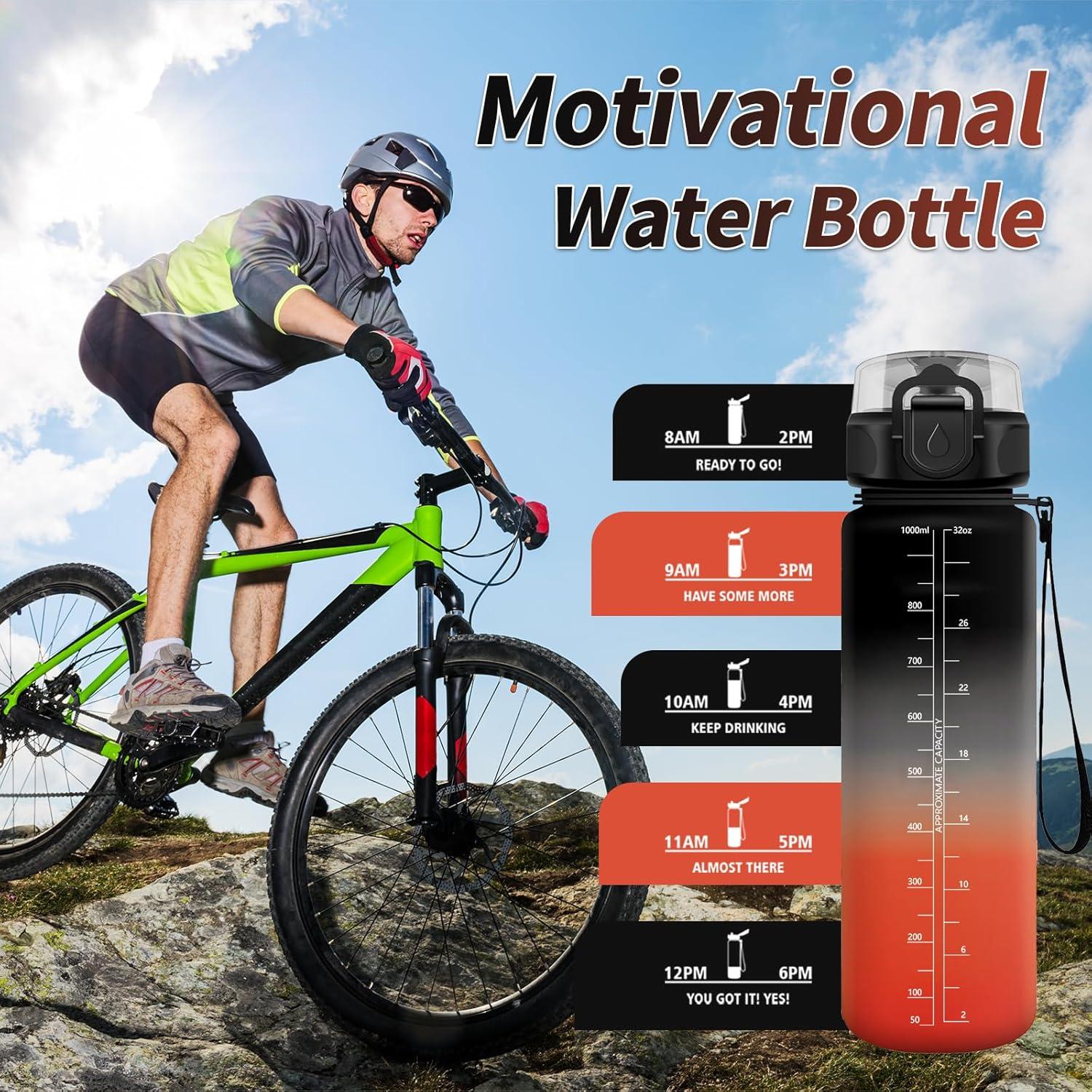 image:imageGourde Sport 1L Gourde Gym sans BPA tanche et Rutilisable Bouteille deau avec Marqueur de Temps et Filtre Gourdes pour Enfant Adulte Garon Fille lcole Camping Gym Sport Yoga32oz1000ml Noir Rouge