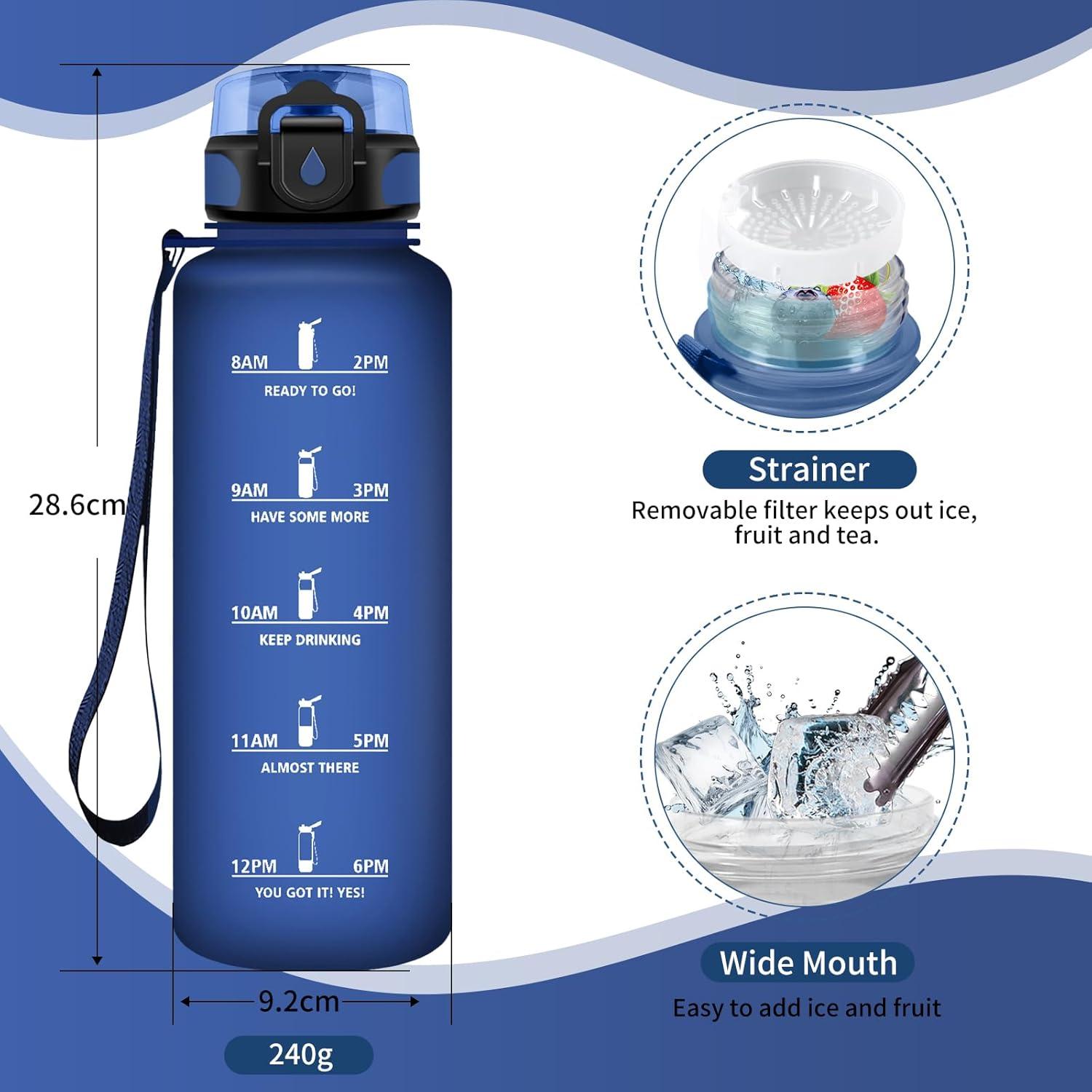 image:imageGourde Sport 1L Gourde Gym sans BPA tanche et Rutilisable Bouteille deau avec Marqueur de Temps et Filtre Gourdes pour Enfant Adulte Garon Fille lcole Camping Gym Sport Yoga50oz1500ml Mat Marine Bleu