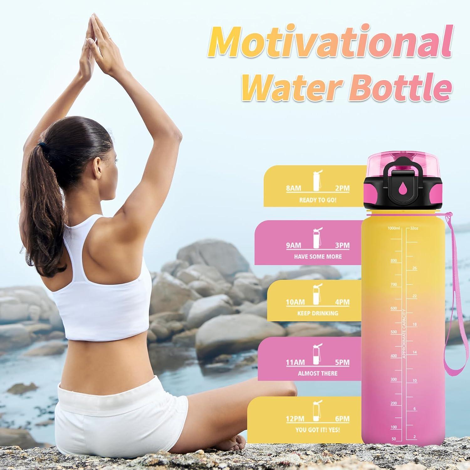 image:imageGourde Sport 1L Gourde Gym sans BPA tanche et Rutilisable Bouteille deau avec Marqueur de Temps et Filtre Gourdes pour Enfant Adulte Garon Fille lcole Camping Gym Sport Yoga32oz1000ml Jaune Rose