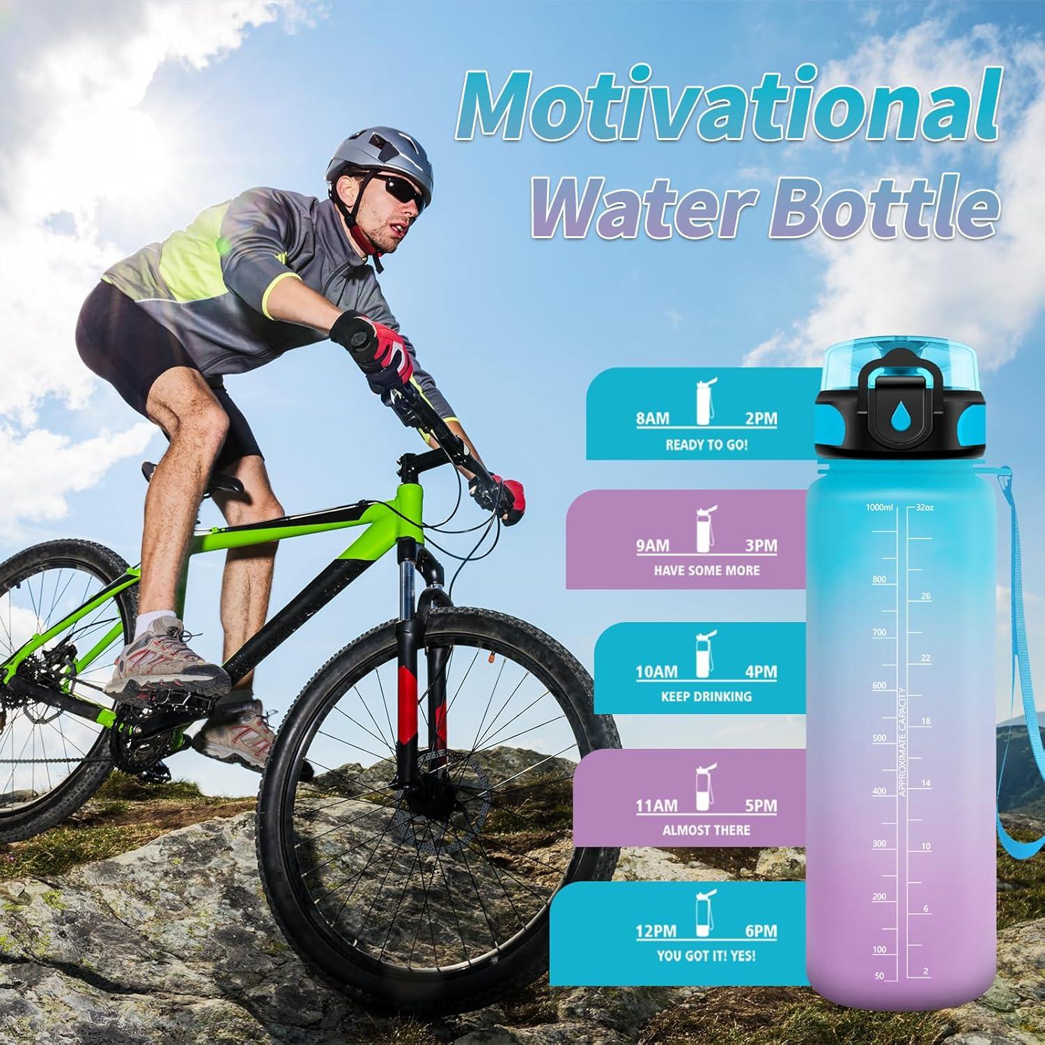 image:imageGourde Sport 1L Gourde Gym sans BPA tanche et Rutilisable Bouteille deau avec Marqueur de Temps et Filtre Gourdes pour Enfant Adulte Garon Fille lcole Camping Gym Sport Yoga32oz1000ml Bleu Lilas