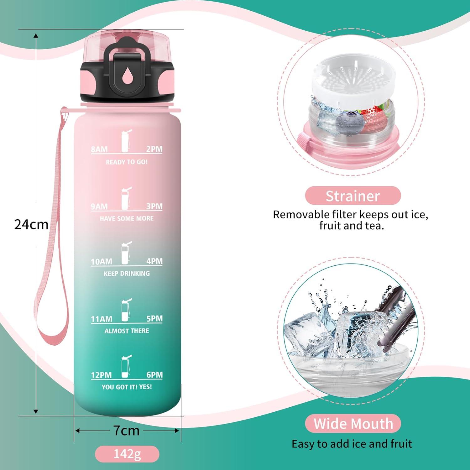 image:imageGourde Sport 1L Gourde Gym sans BPA tanche et Rutilisable Bouteille deau avec Marqueur de Temps et Filtre Gourdes pour Enfant Adulte Garon Fille lcole Camping Gym Sport Yoga17oz500ml Rose Cyan