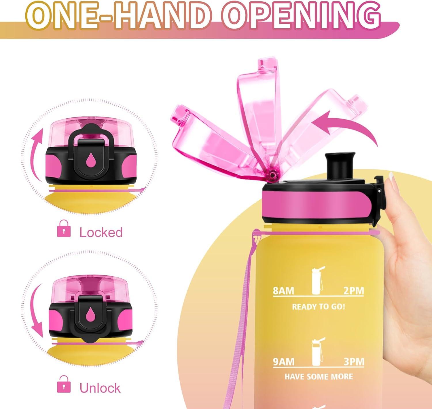 image:imageGourde Sport 1L Gourde Gym sans BPA tanche et Rutilisable Bouteille deau avec Marqueur de Temps et Filtre Gourdes pour Enfant Adulte Garon Fille lcole Camping Gym Sport Yoga32oz1000ml Jaune Rose