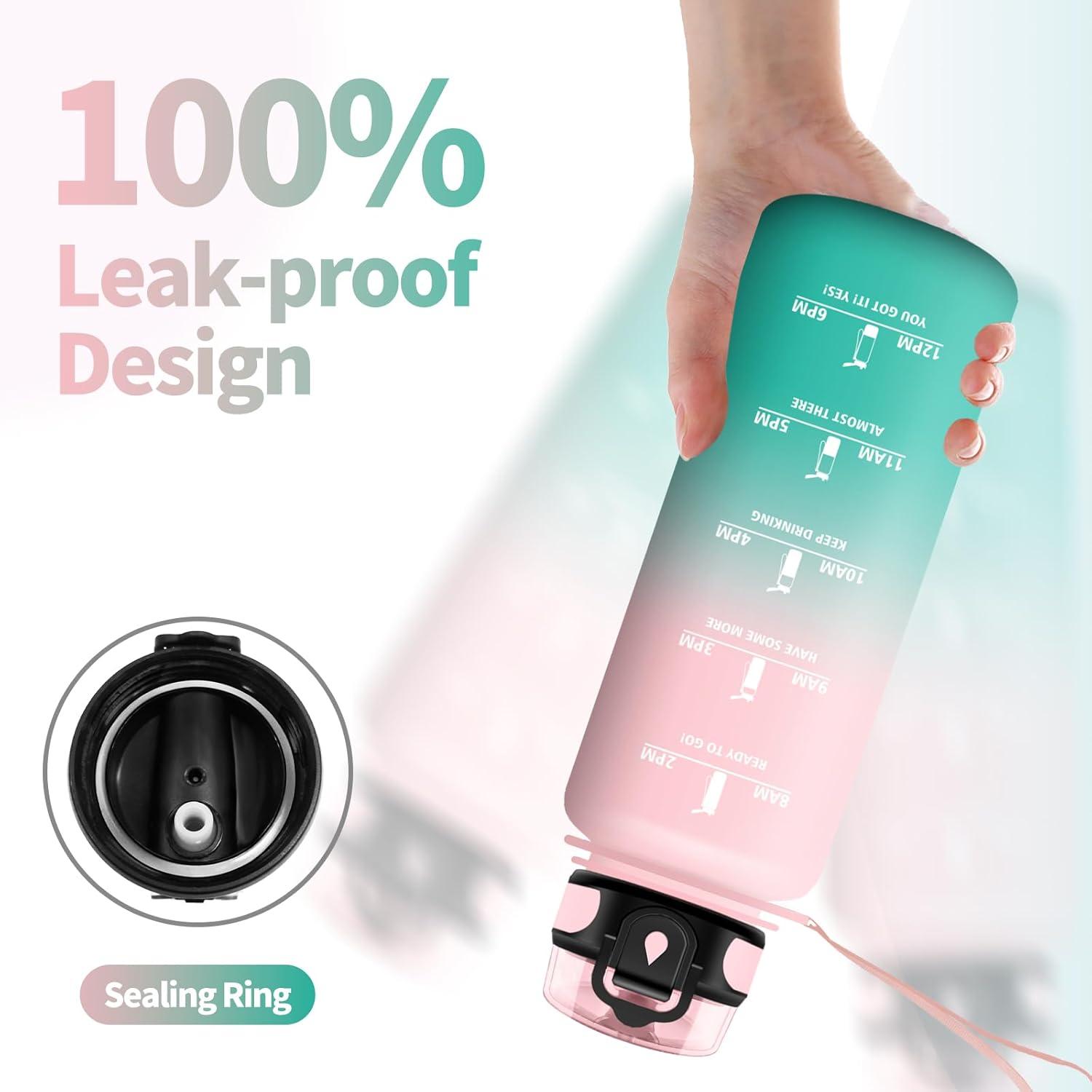 image:imageGourde Sport 1L Gourde Gym sans BPA tanche et Rutilisable Bouteille deau avec Marqueur de Temps et Filtre Gourdes pour Enfant Adulte Garon Fille lcole Camping Gym Sport Yoga50oz1500ml Rose Cyan