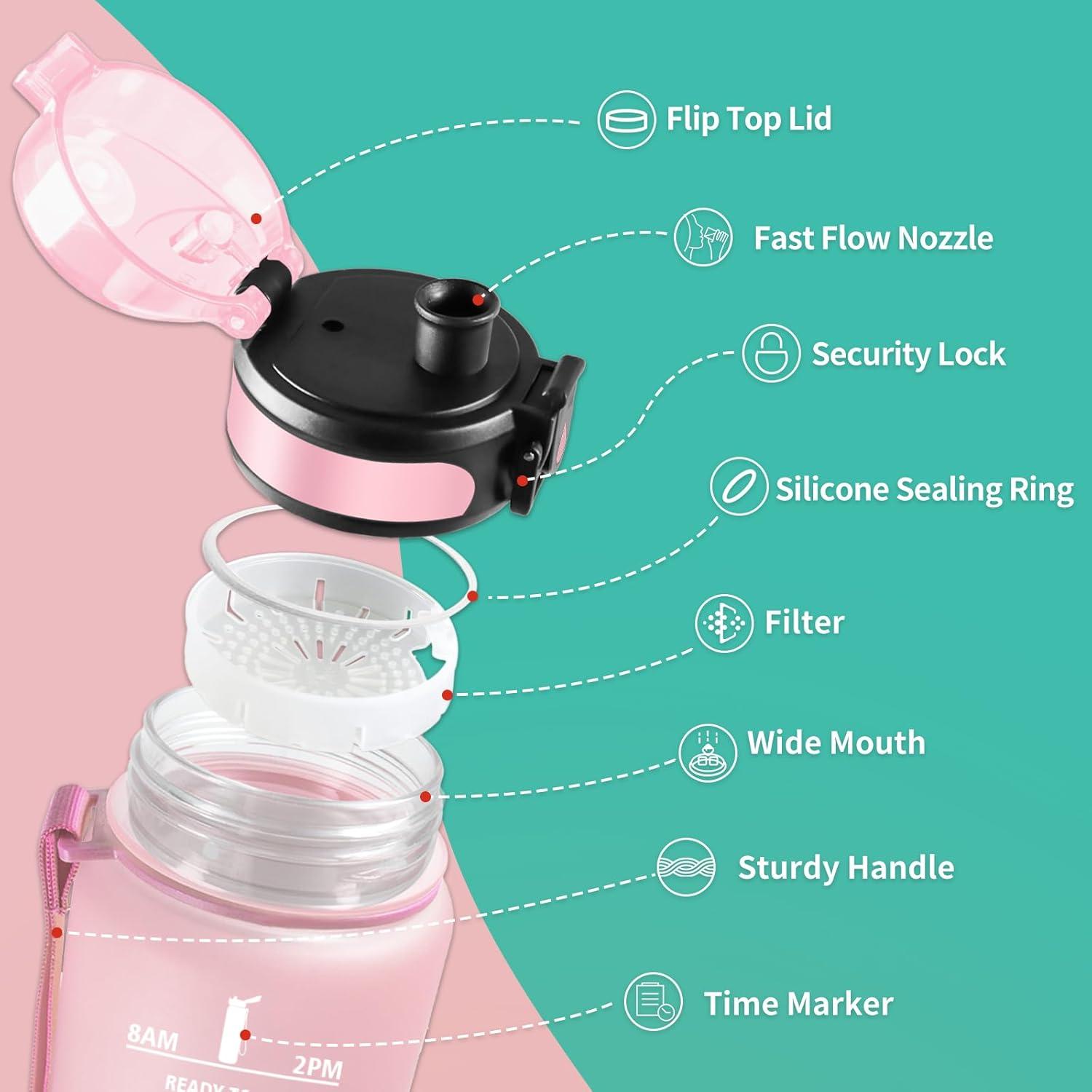 image:imageGourde Sport 1L Gourde Gym sans BPA tanche et Rutilisable Bouteille deau avec Marqueur de Temps et Filtre Gourdes pour Enfant Adulte Garon Fille lcole Camping Gym Sport Yoga32oz1000ml Rose Cyan
