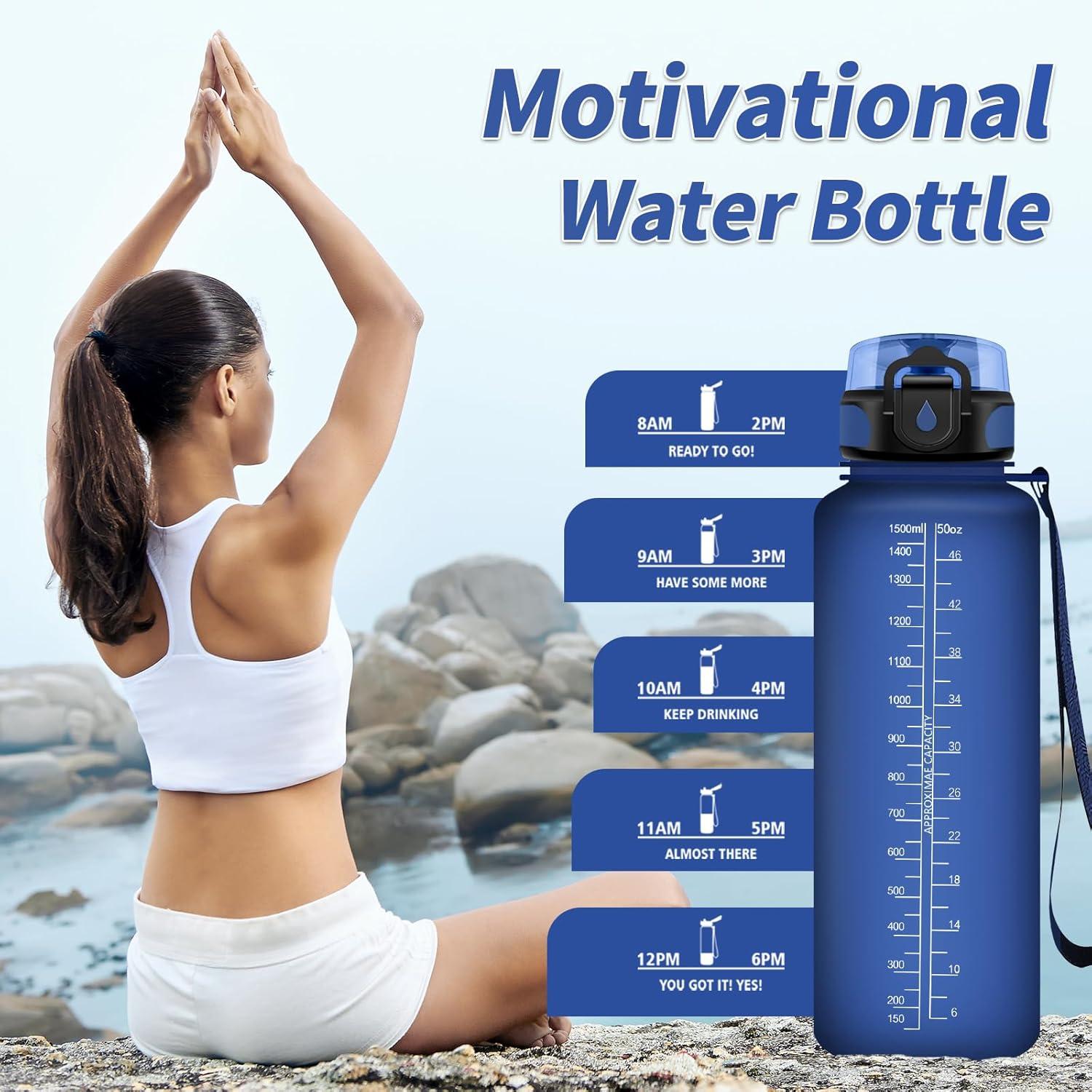 image:imageGourde Sport 1L Gourde Gym sans BPA tanche et Rutilisable Bouteille deau avec Marqueur de Temps et Filtre Gourdes pour Enfant Adulte Garon Fille lcole Camping Gym Sport Yoga50oz1500ml Mat Marine Bleu