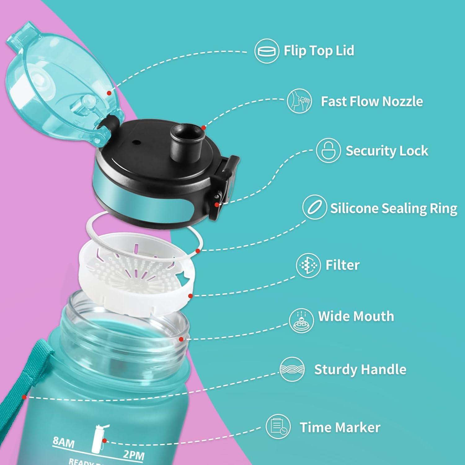 image:imageGourde Sport 1L Gourde Gym sans BPA tanche et Rutilisable Bouteille deau avec Marqueur de Temps et Filtre Gourdes pour Enfant Adulte Garon Fille lcole Camping Gym Sport Yoga32oz1000ml Vert Rose Clair