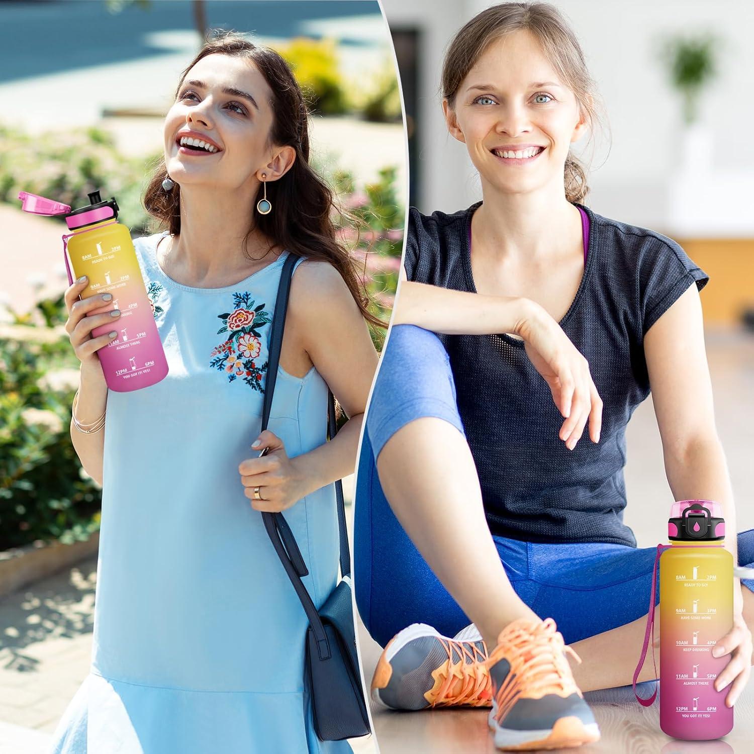 image:imageGourde Sport 1L Gourde Gym sans BPA tanche et Rutilisable Bouteille deau avec Marqueur de Temps et Filtre Gourdes pour Enfant Adulte Garon Fille lcole Camping Gym Sport Yoga50oz1500ml Jaune Rose
