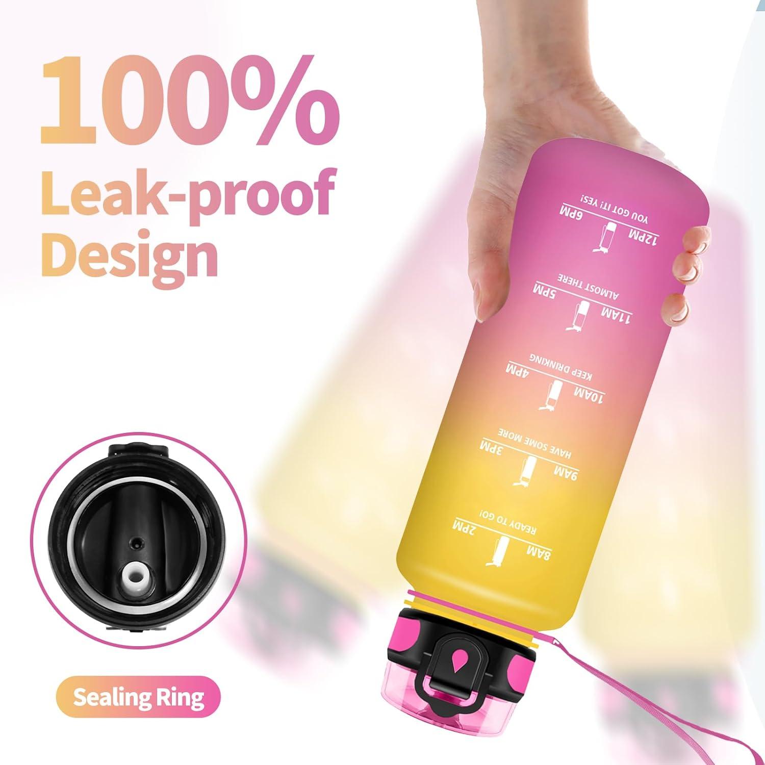 image:imageGourde Sport 1L Gourde Gym sans BPA tanche et Rutilisable Bouteille deau avec Marqueur de Temps et Filtre Gourdes pour Enfant Adulte Garon Fille lcole Camping Gym Sport Yoga50oz1500ml Jaune Rose