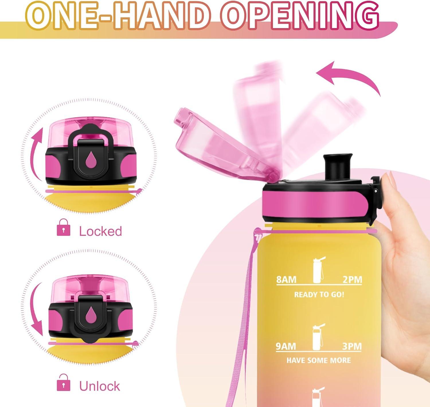image:imageGourde Sport 1L Gourde Gym sans BPA tanche et Rutilisable Bouteille deau avec Marqueur de Temps et Filtre Gourdes pour Enfant Adulte Garon Fille lcole Camping Gym Sport Yoga17oz500ml Jaune Rose