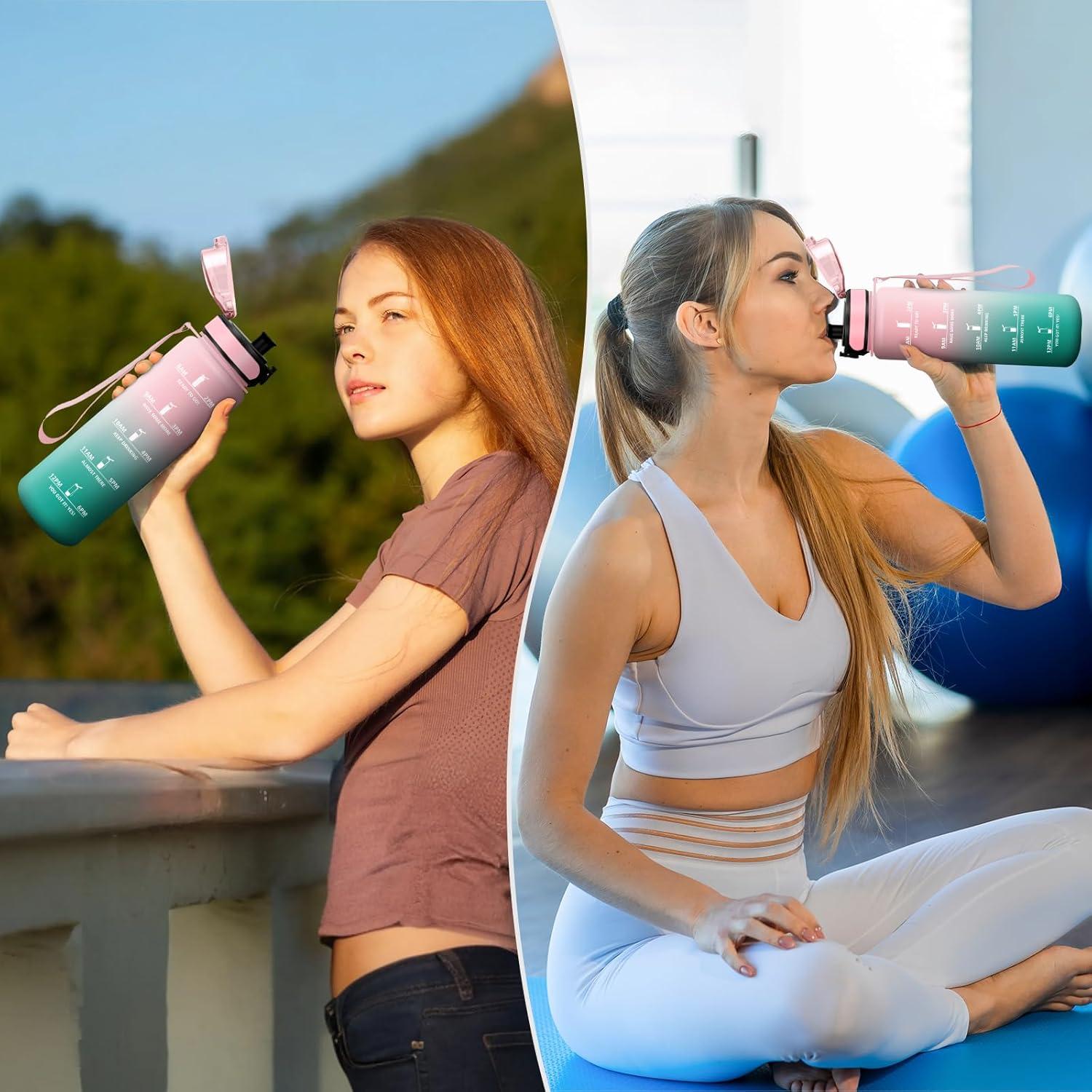 image:imageGourde Sport 1L Gourde Gym sans BPA tanche et Rutilisable Bouteille deau avec Marqueur de Temps et Filtre Gourdes pour Enfant Adulte Garon Fille lcole Camping Gym Sport Yoga32oz1000ml Rose Cyan