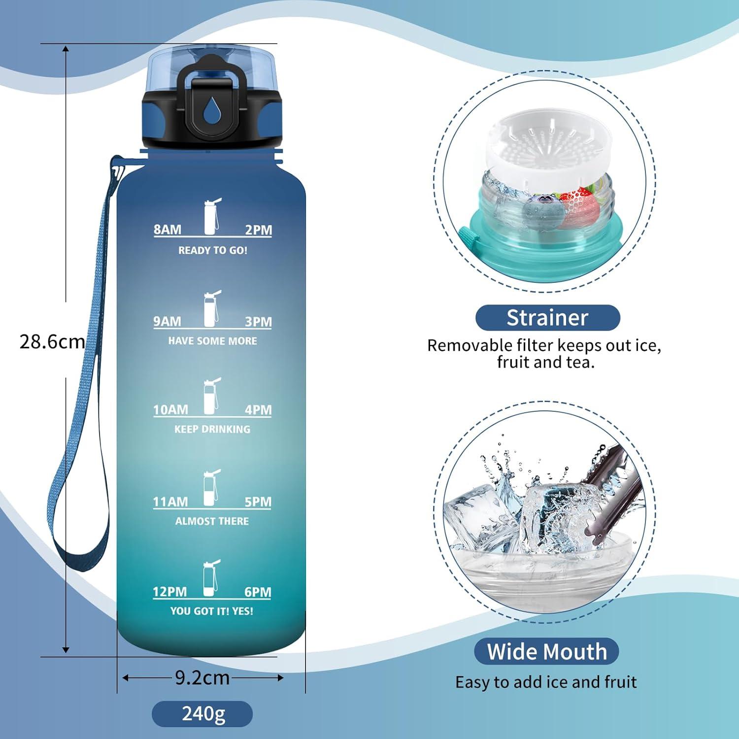 image:imageGourde Sport 1L Gourde Gym sans BPA tanche et Rutilisable Bouteille deau avec Marqueur de Temps et Filtre Gourdes pour Enfant Adulte Garon Fille lcole Camping Gym Sport Yoga50oz1500ml Bleu Vert